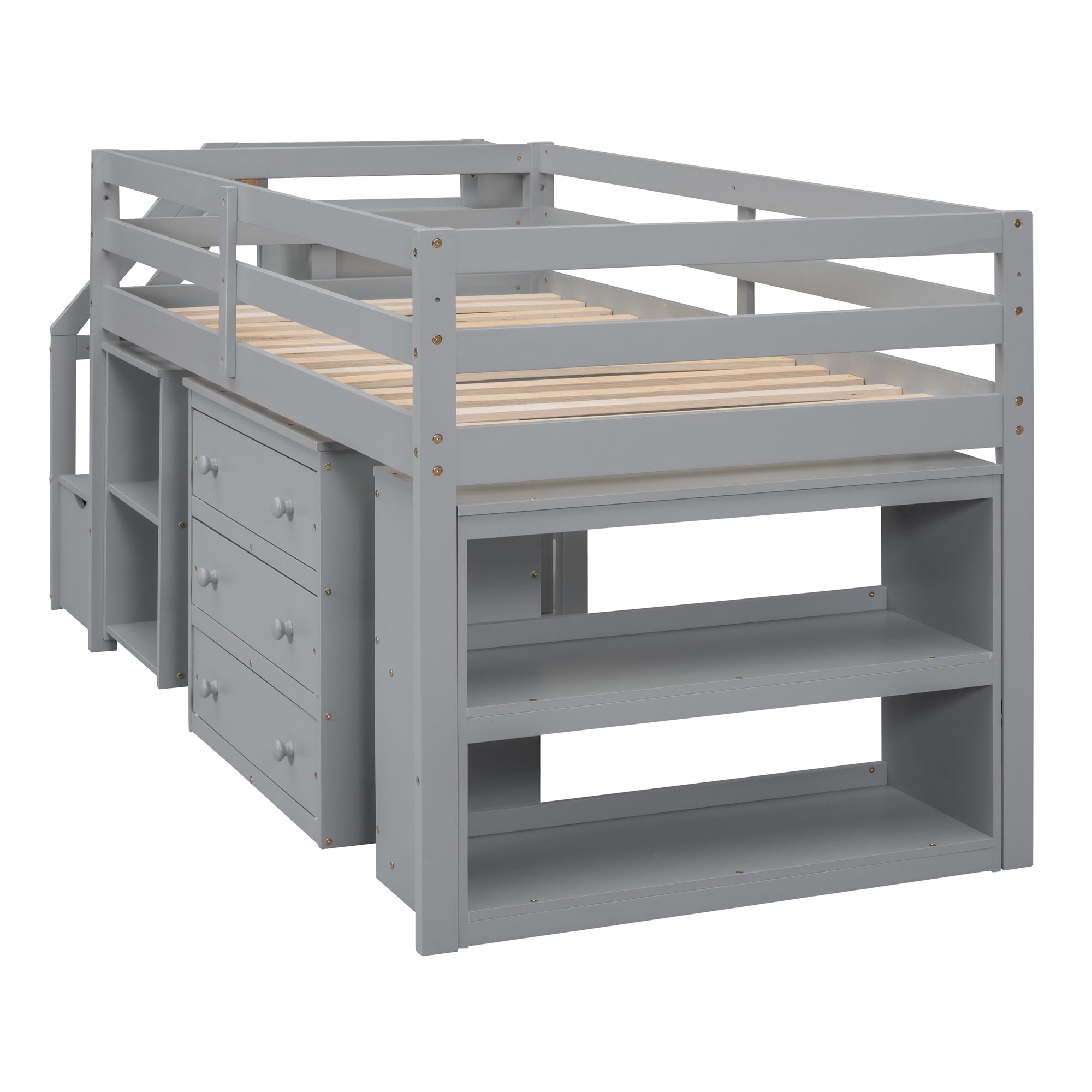 Twin Size Loft Bed with Retractable Writing Desk and 3 Drawers, Wooden Loft Bed with Storage Stairs and Shelves, Gray