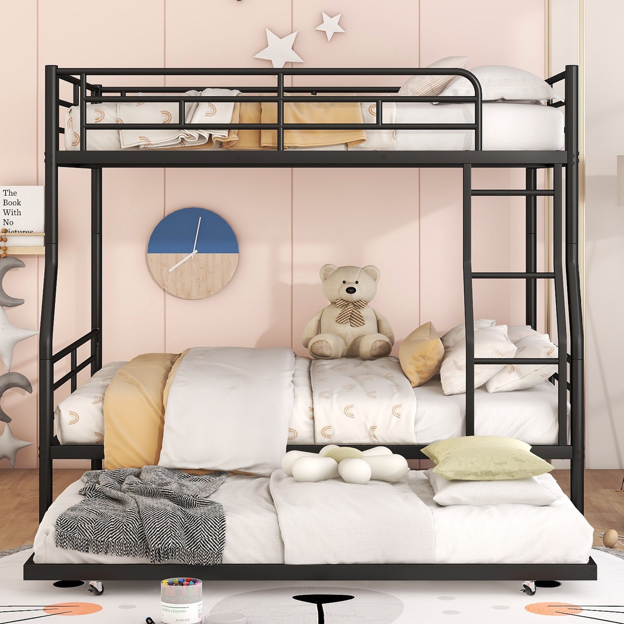 Full XL Over Queen Metal Bunk Bed with Trundle, Black