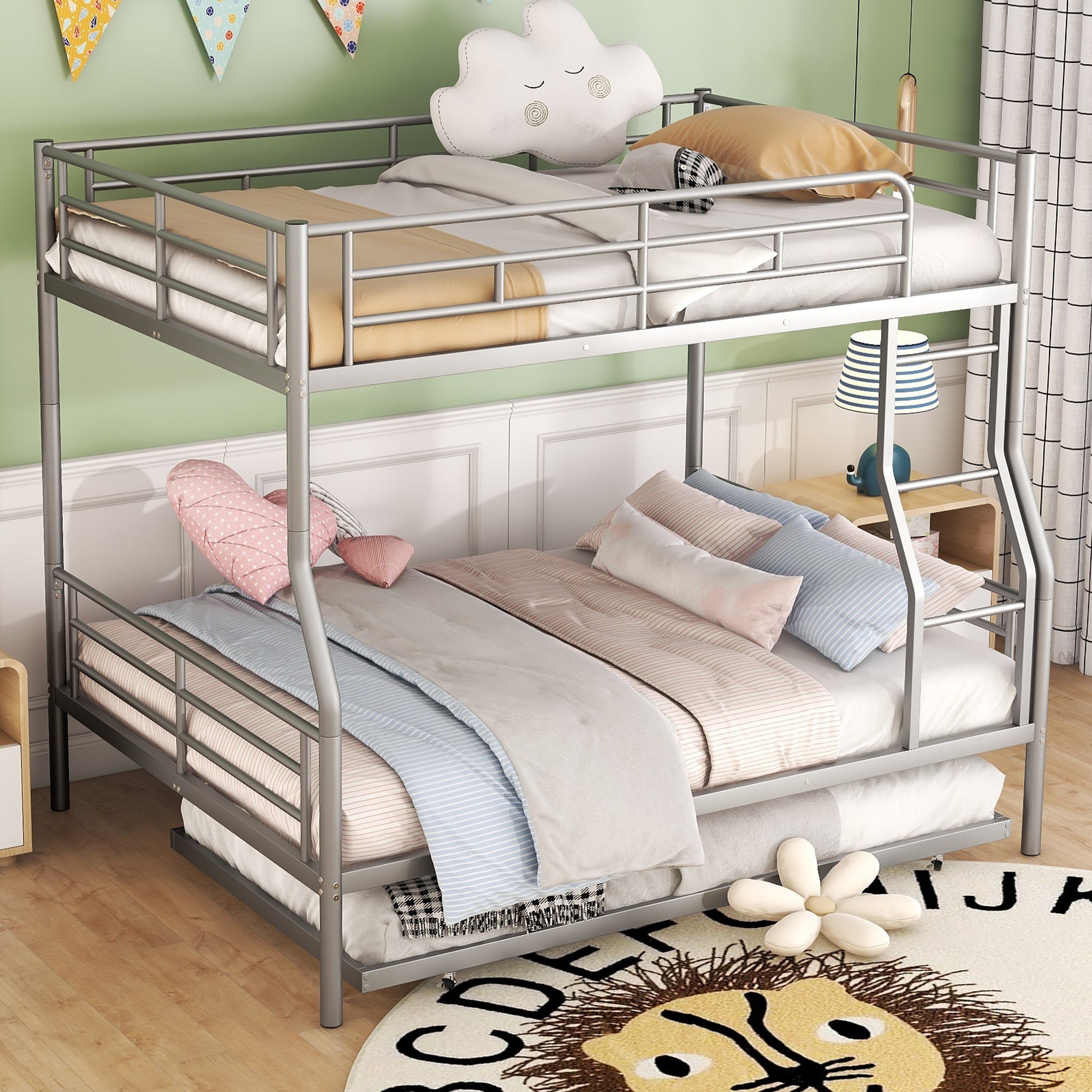 Full XL Over Queen Metal Bunk Bed with Trundle, Silver