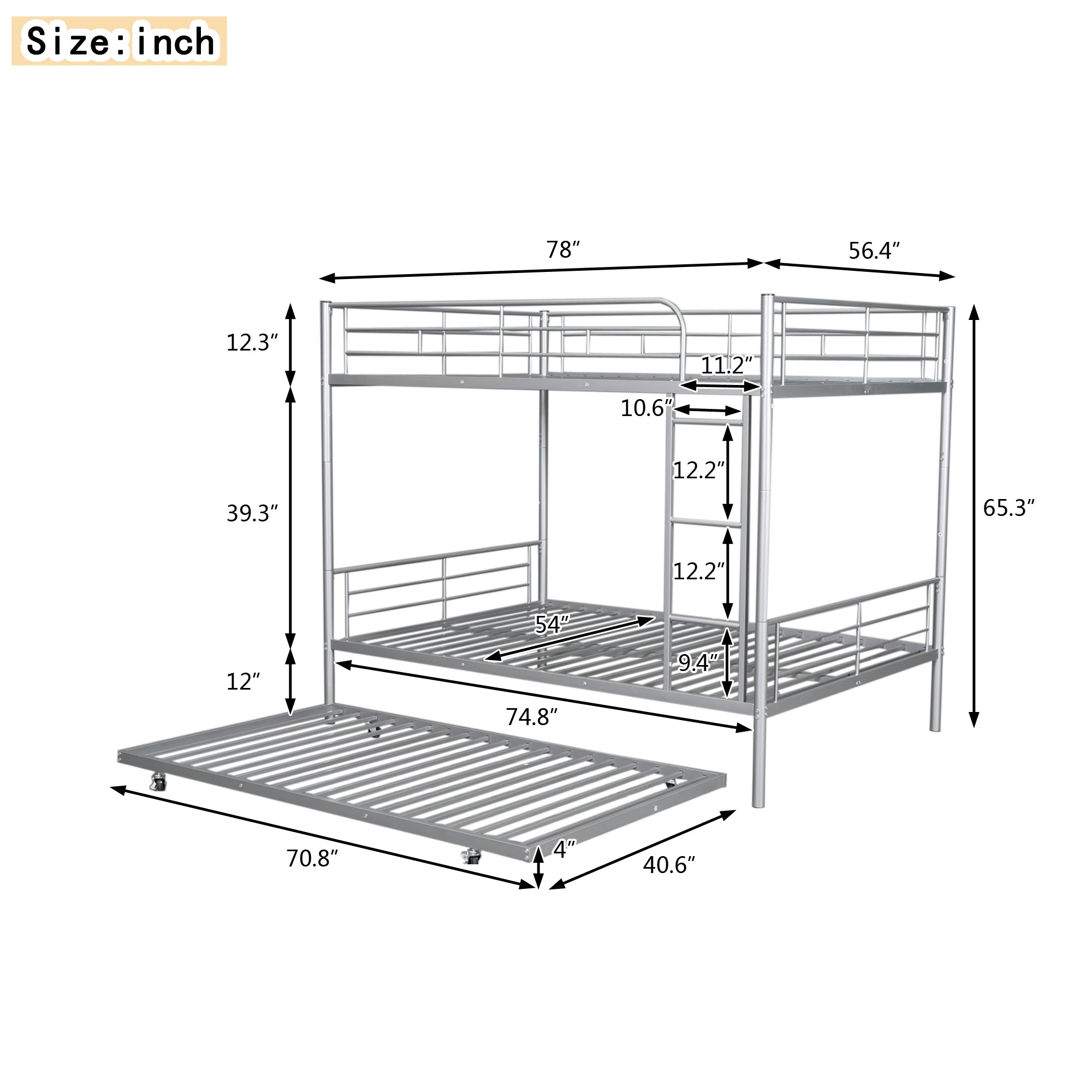 Full Over Full Metal Bunk Bed with Trundle, Silver