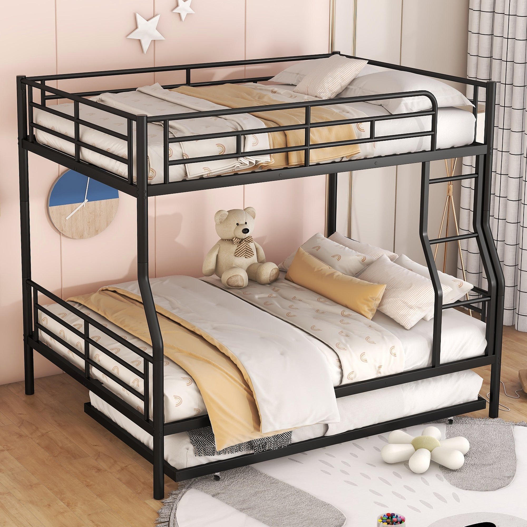 Full XL Over Queen Metal Bunk Bed with Trundle, Black