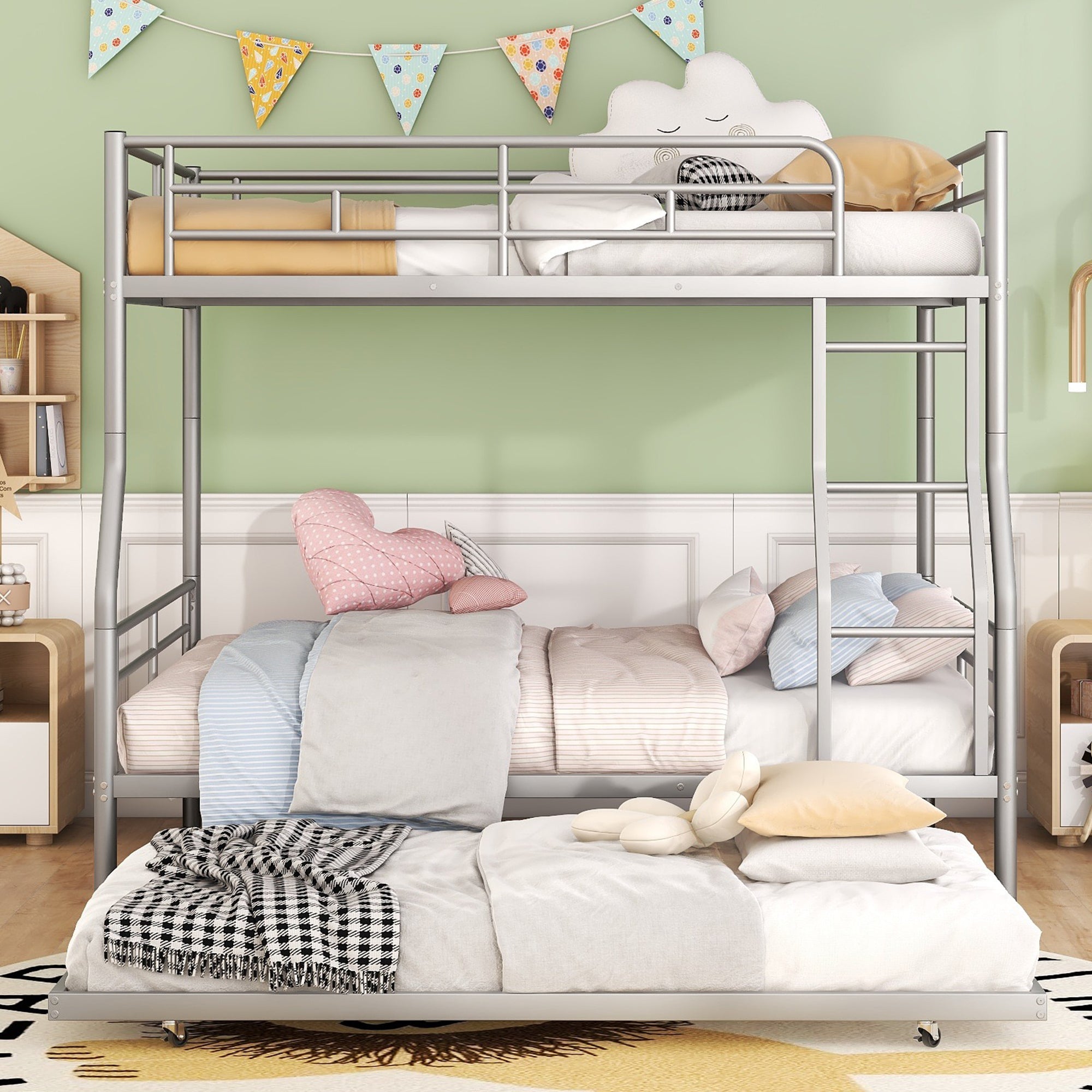 Full XL Over Queen Metal Bunk Bed with Trundle, Silver