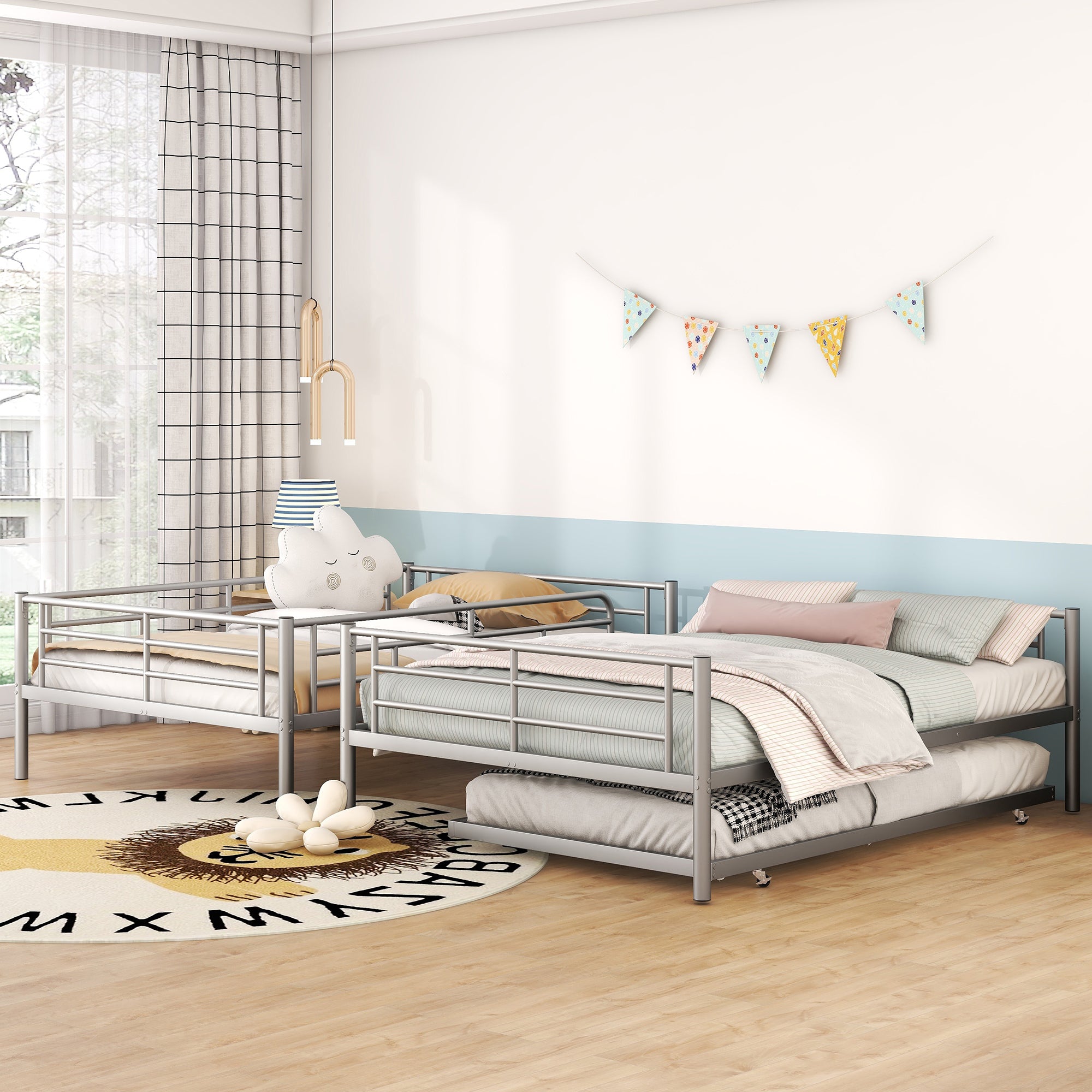 Full Over Full Metal Bunk Bed with Trundle, Silver