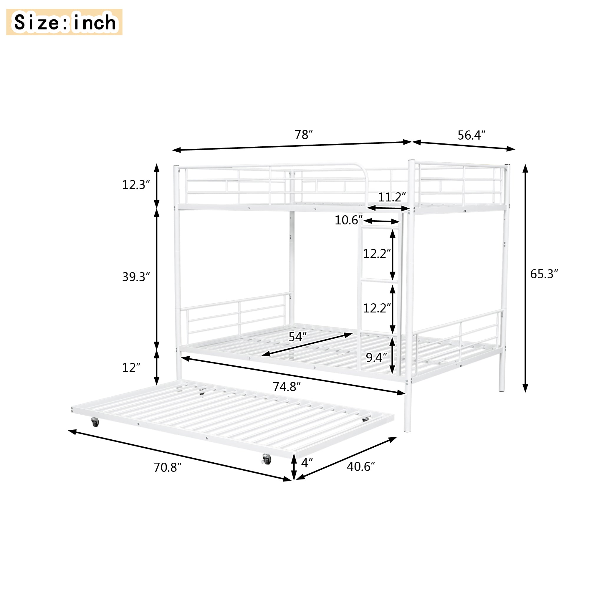 Full Over Full Metal Bunk Bed with Trundle, White