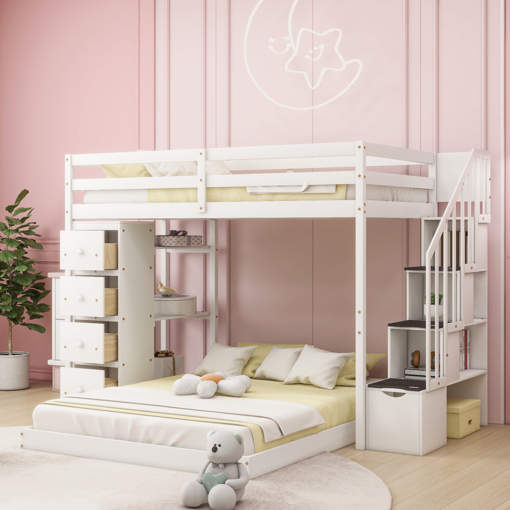 Twin Over Full Bunk Bed with 3-layer Shelves, Drawers and Storage Stairs, White