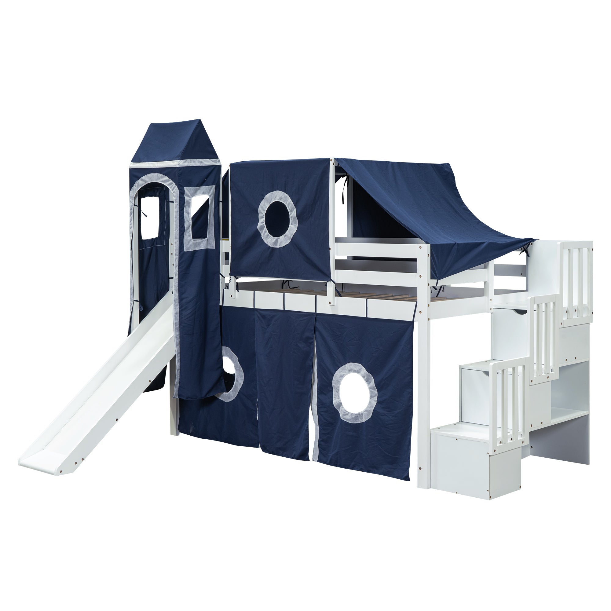 Twin Size Loft Bed with Tent and Tower - Blue