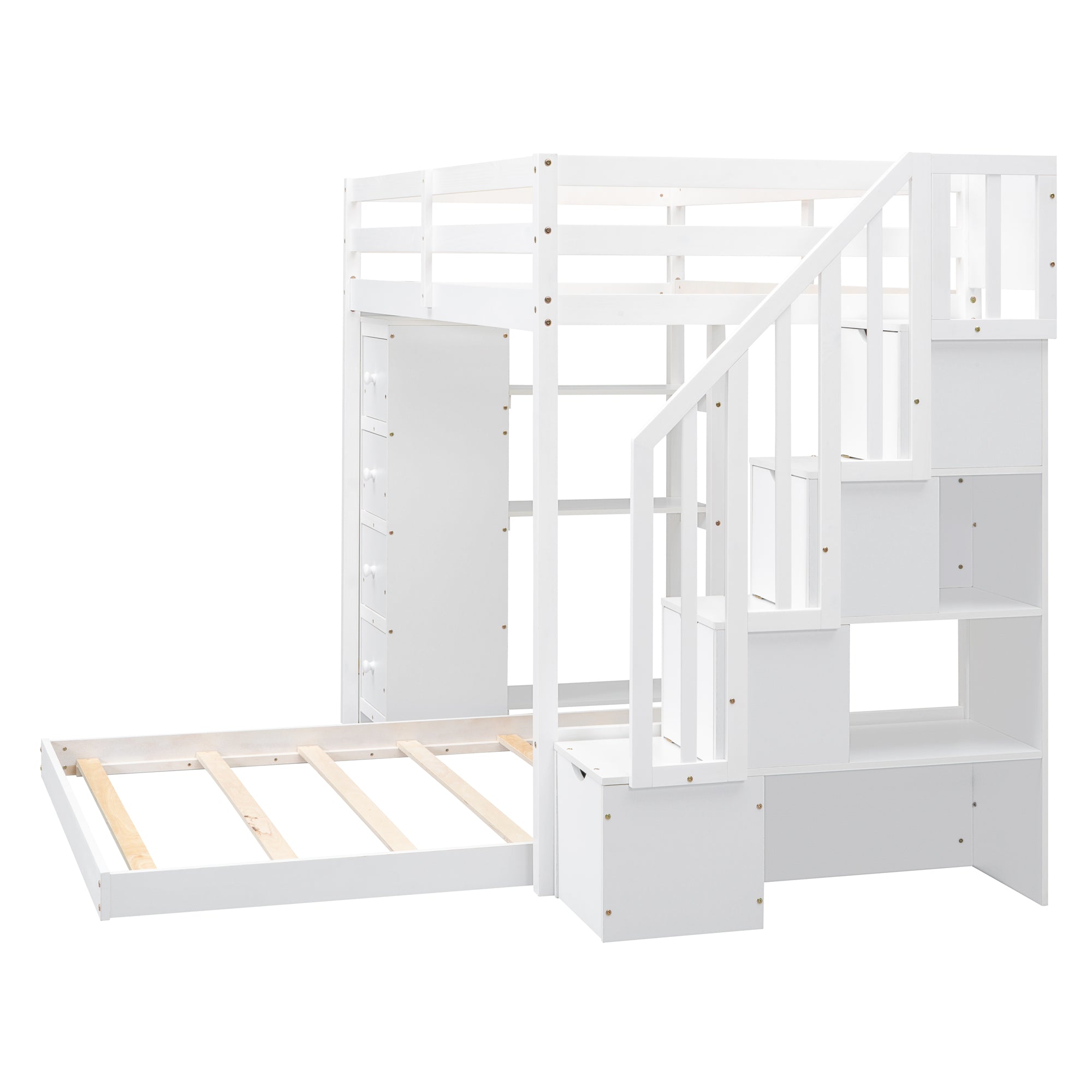 Twin Over Full Bunk Bed with 3-layer Shelves, Drawers and Storage Stairs, White