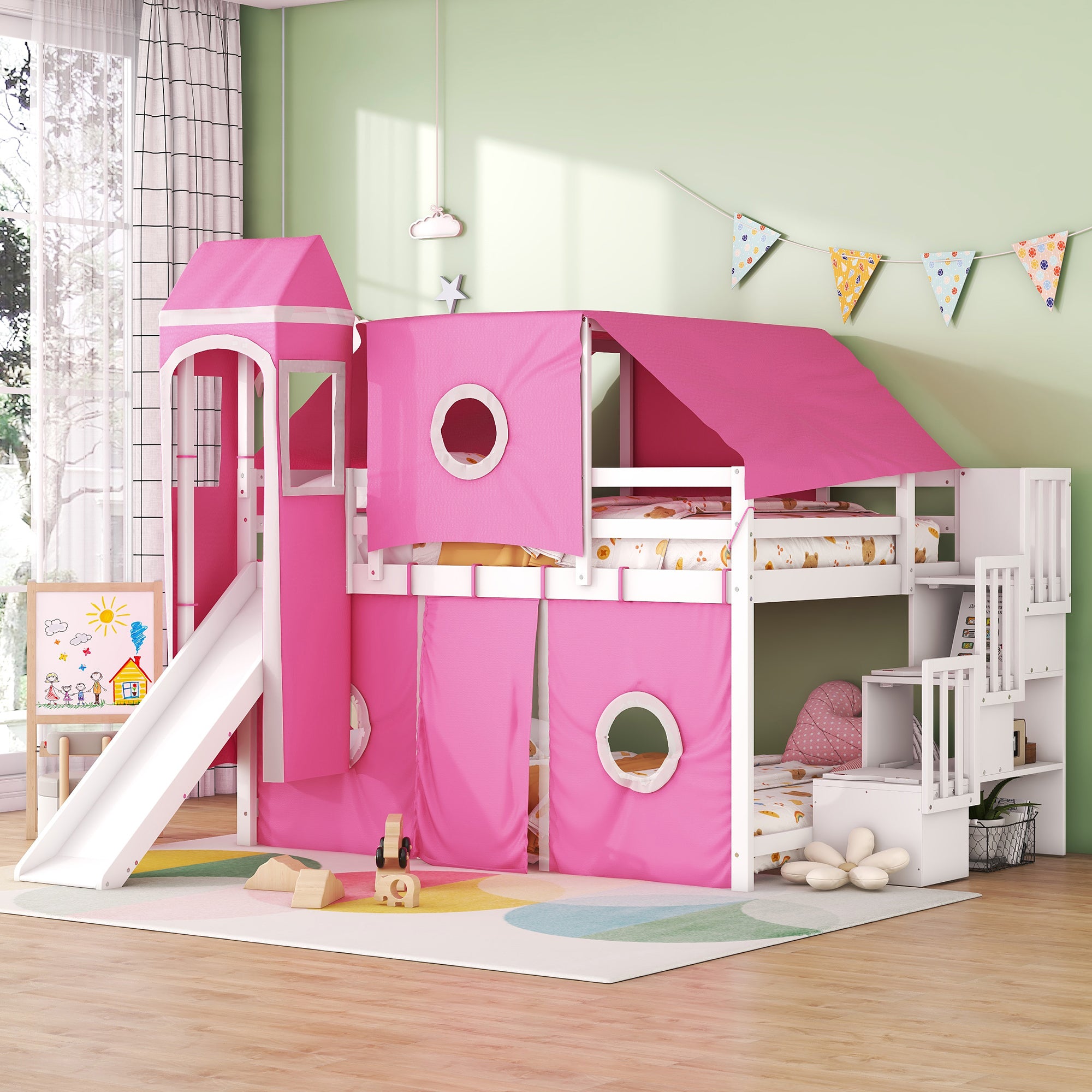 Full Size Loft Bed with Tent and Tower - Pink