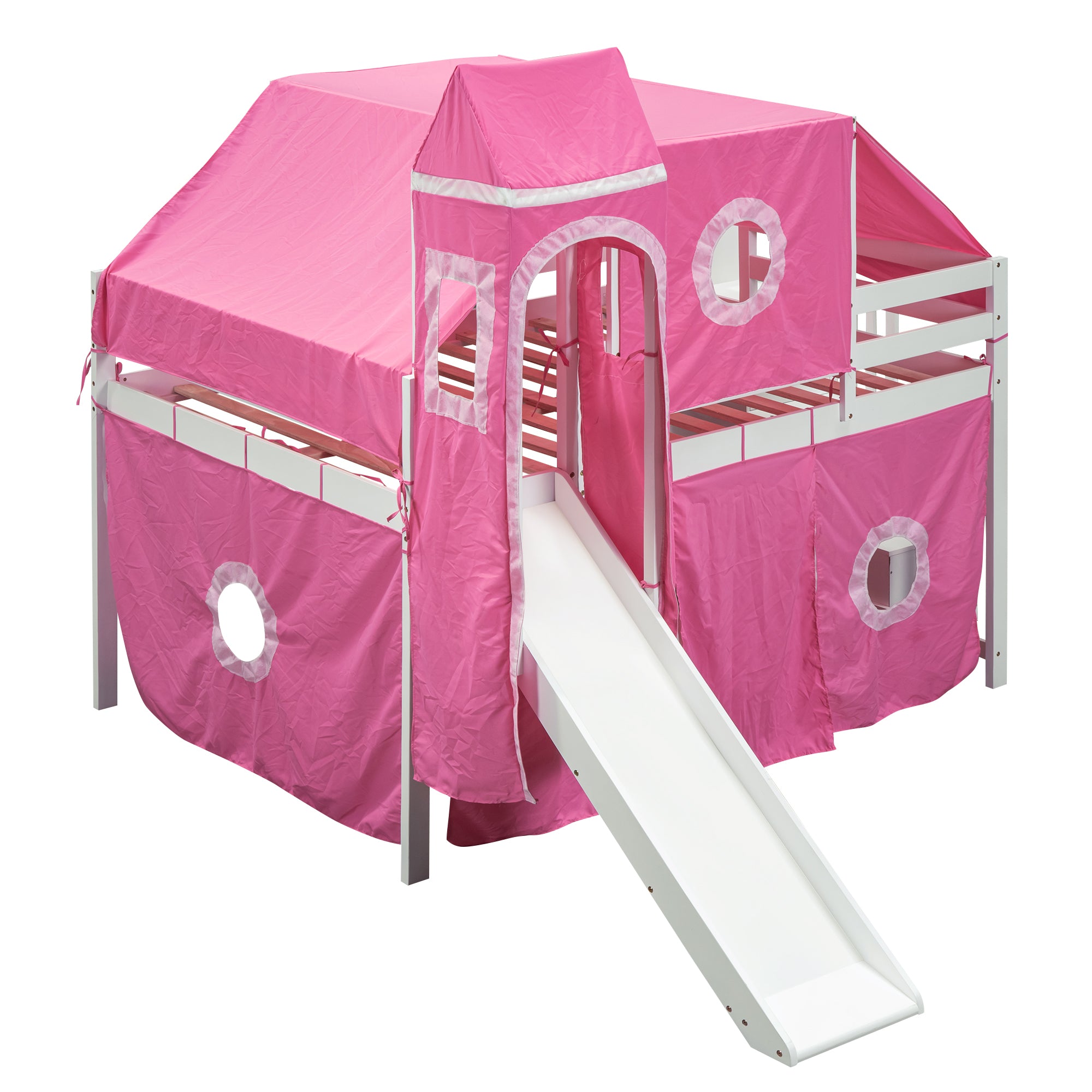 Full Size Loft Bed with Tent and Tower - Pink