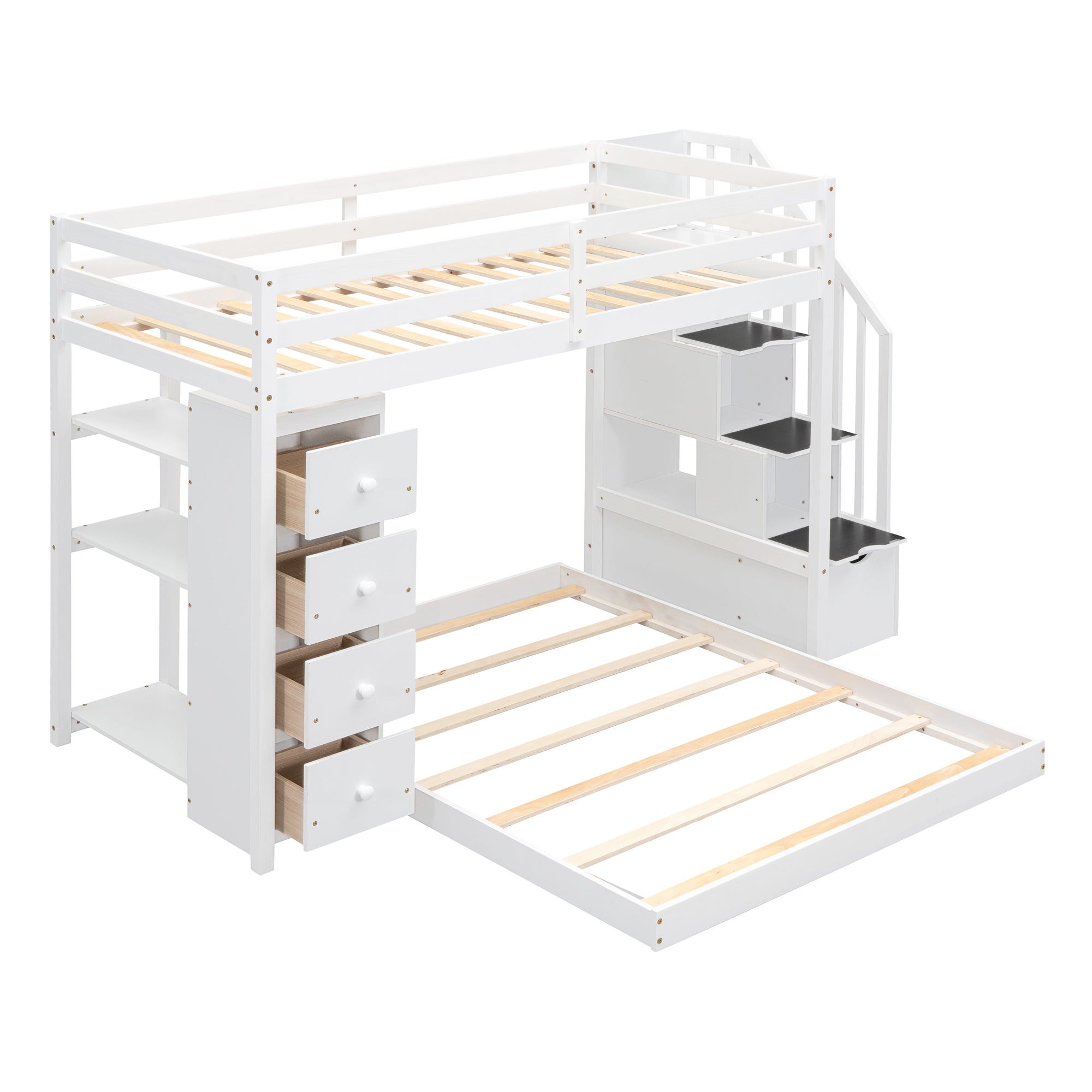 Twin Over Full Bunk Bed with 3-layer Shelves, Drawers and Storage Stairs, White