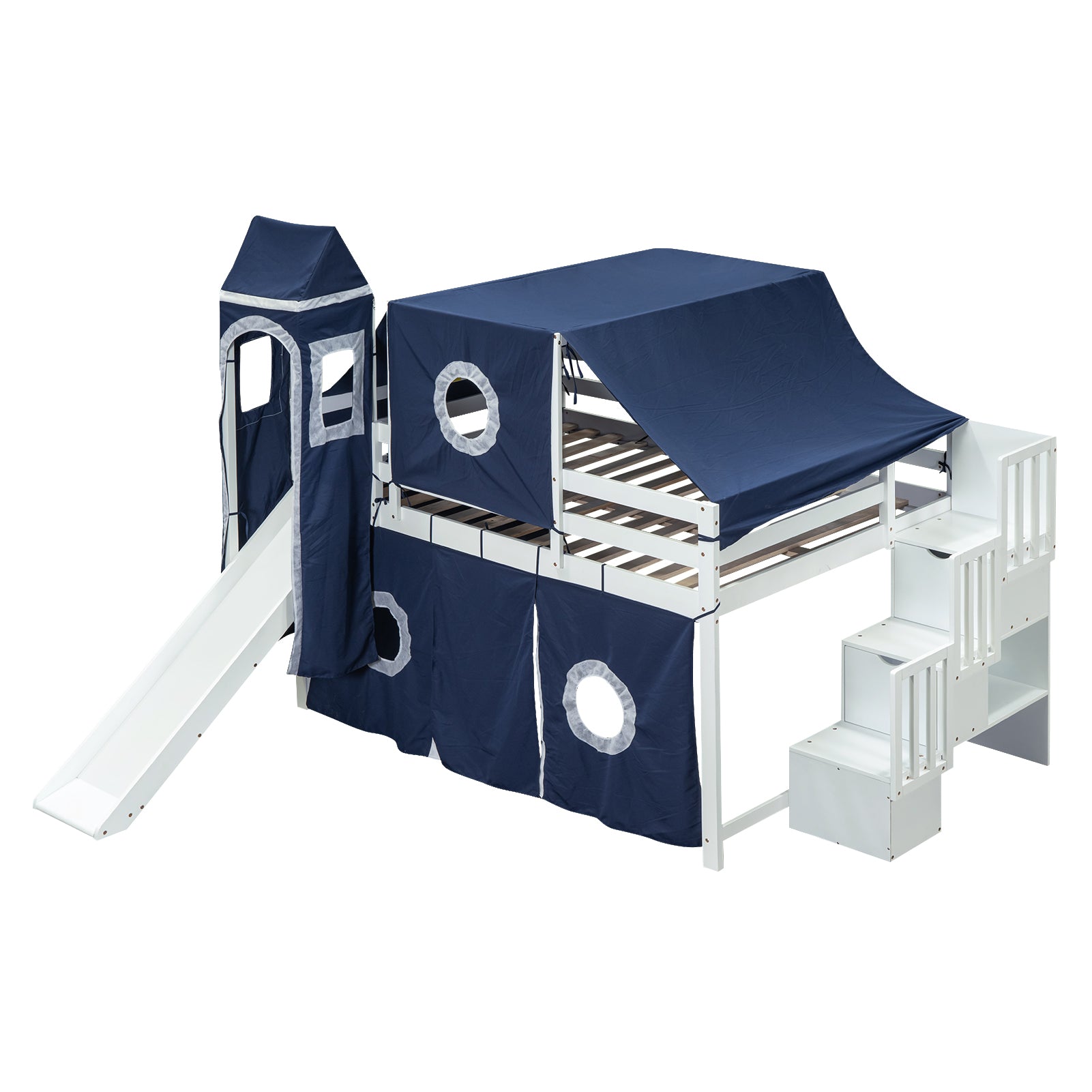 Full Size Loft Bed with Tent and Tower - Blue