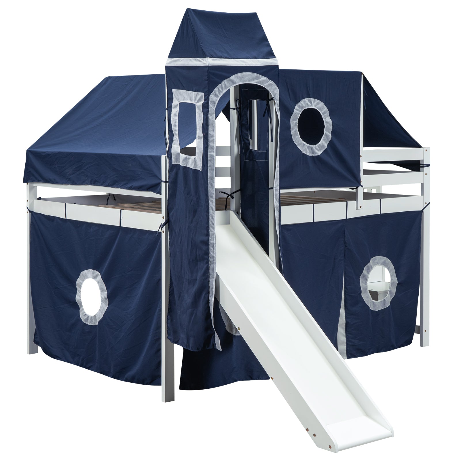 Full Size Loft Bed with Tent and Tower - Blue