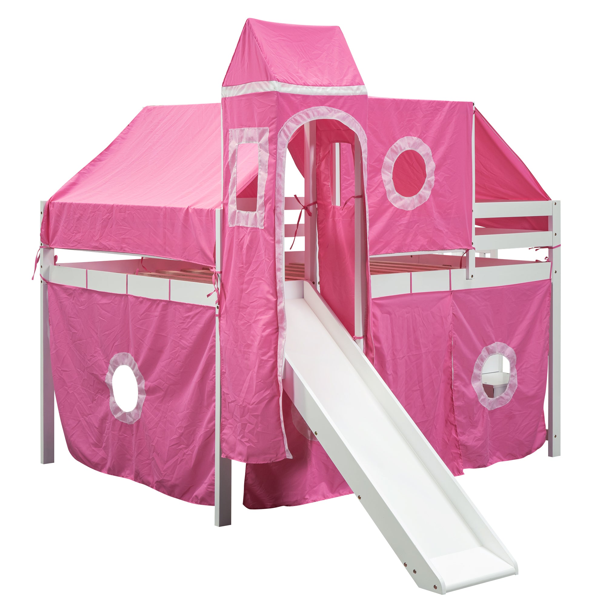 Full Size Loft Bed with Tent and Tower - Pink