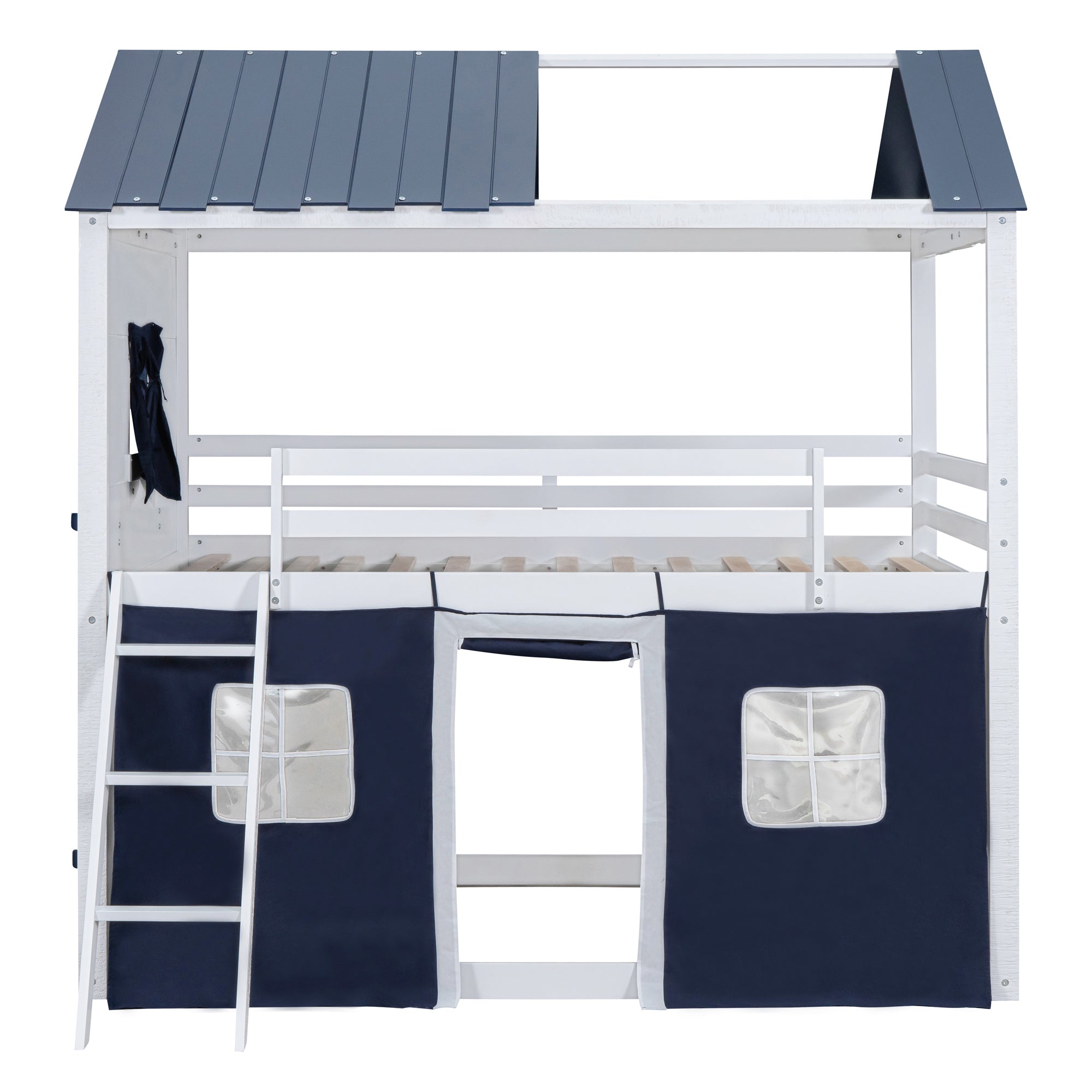 Full Size Bunk Wood House Bed with Elegant Windows, Sills and Tent,  Blue+White