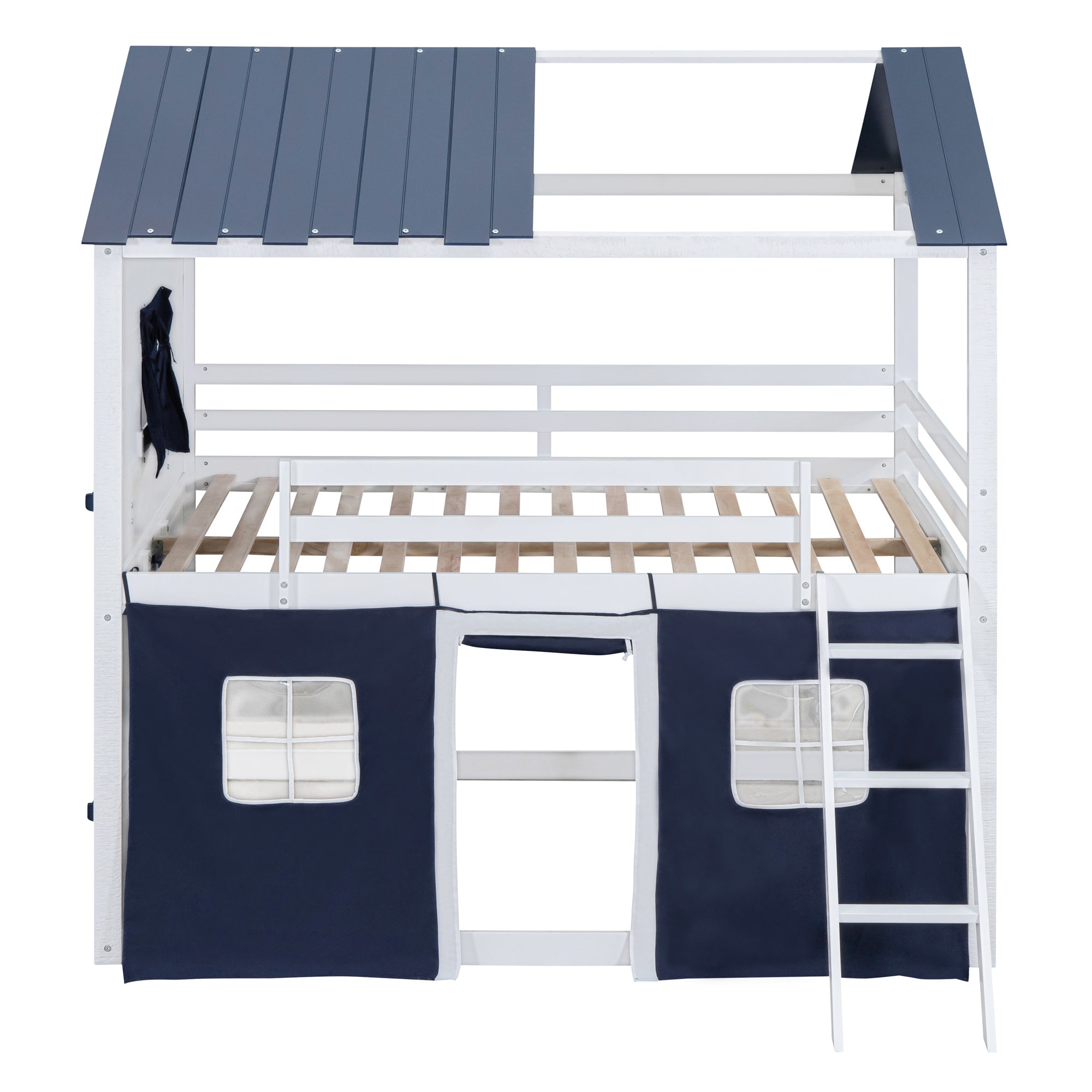 Full Size Bunk Wood House Bed with Elegant Windows, Sills and Tent,  Blue+White