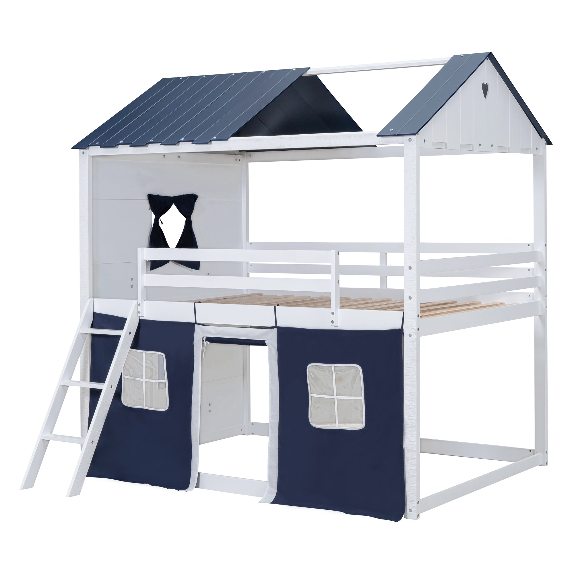 Full Size Bunk Wood House Bed with Elegant Windows, Sills and Tent,  Blue+White