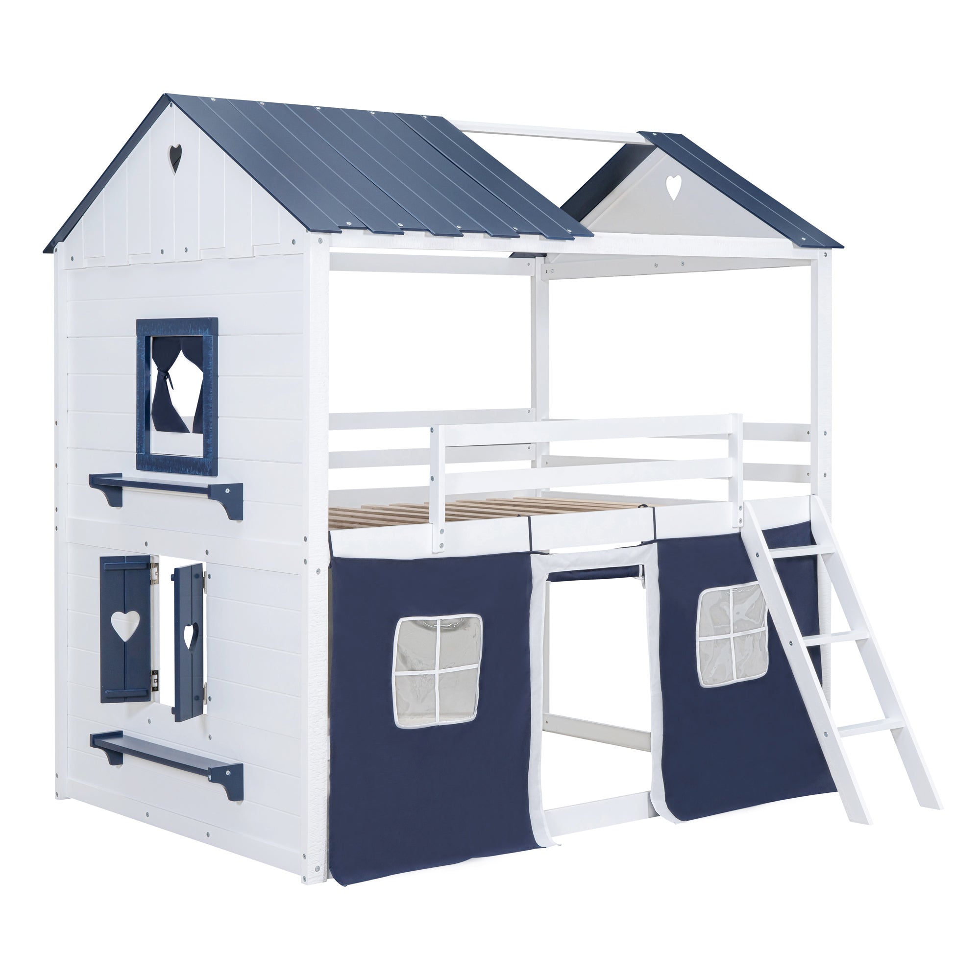 Full Size Bunk Wood House Bed with Elegant Windows, Sills and Tent,  Blue+White