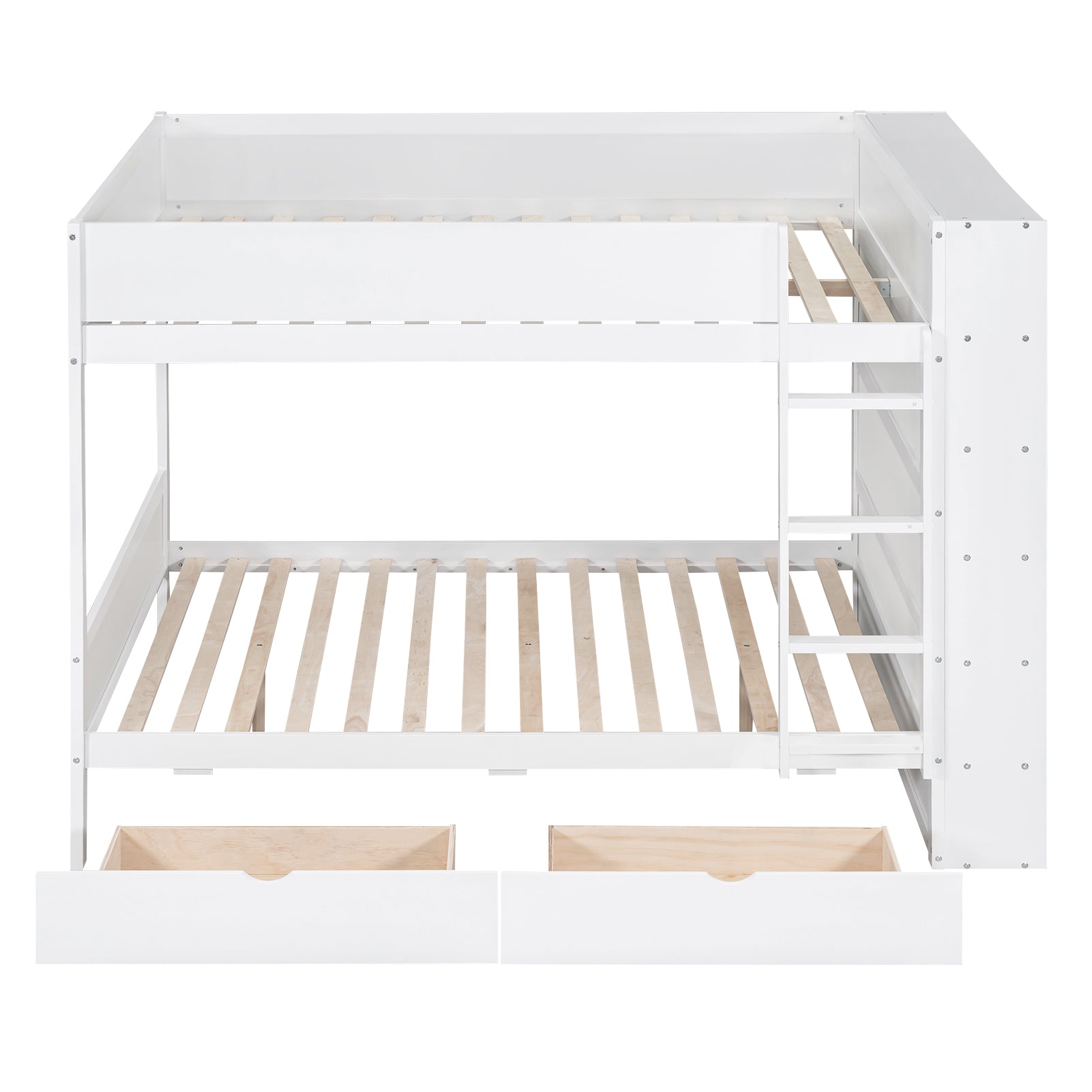 Full over Full Bunk Bed With 2 Drawers and Multi-layer Cabinet, White