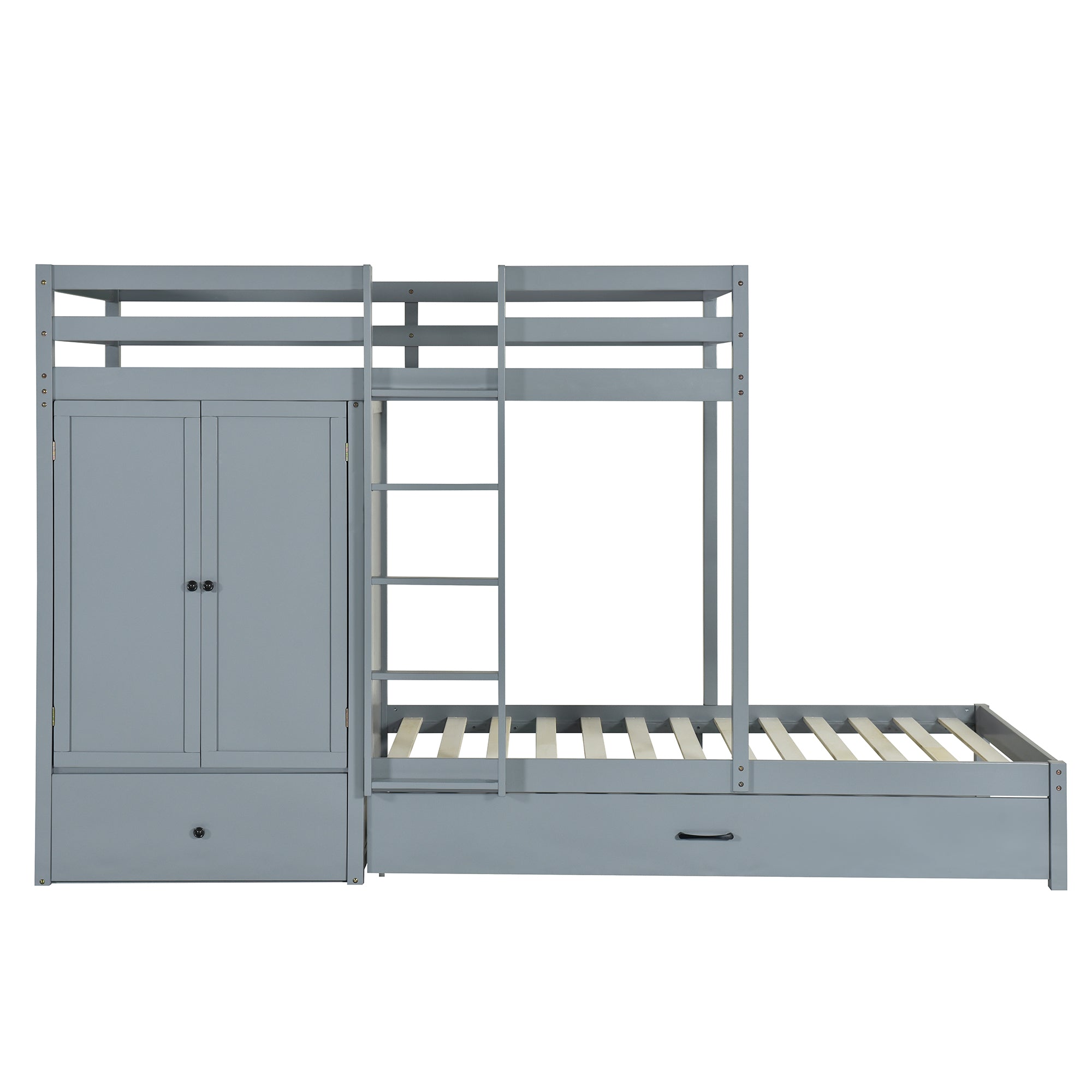 Twin-over-twin Bunk Bed with Wardrobe, Drawers and Shelves, Gray