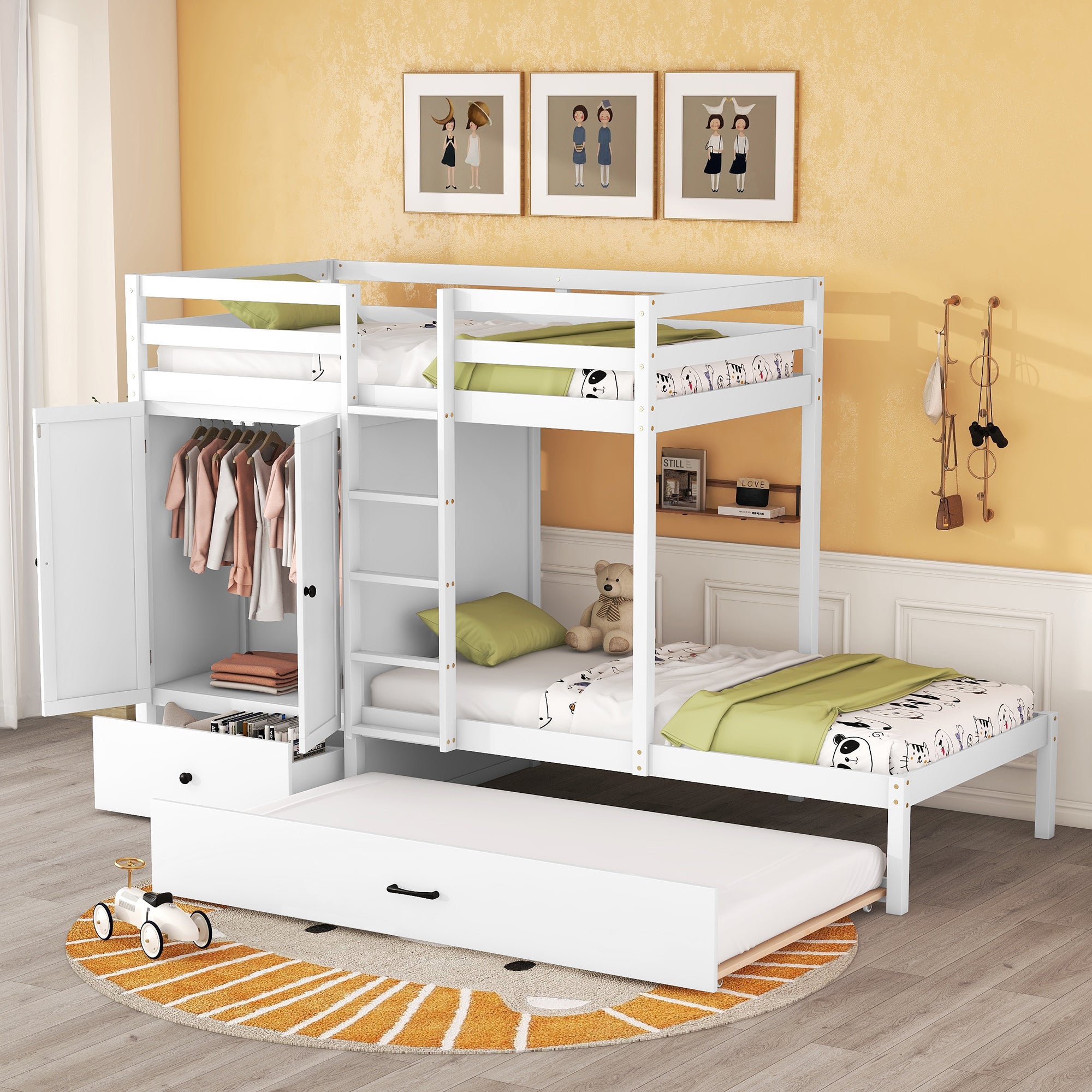 Twin-over-twin Bunk Bed with Wardrobe, Drawers and Shelves, White