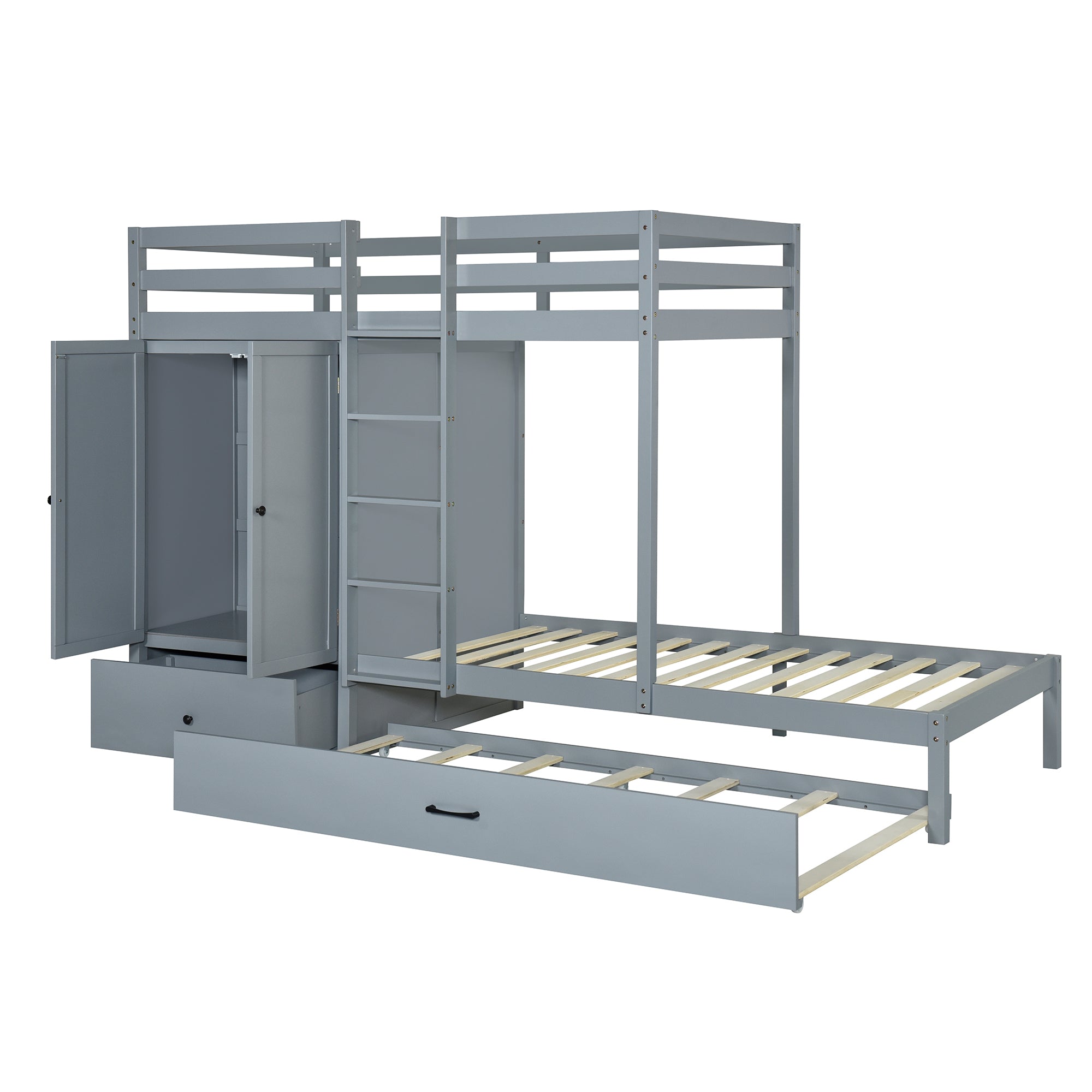 Twin-over-twin Bunk Bed with Wardrobe, Drawers and Shelves, Gray