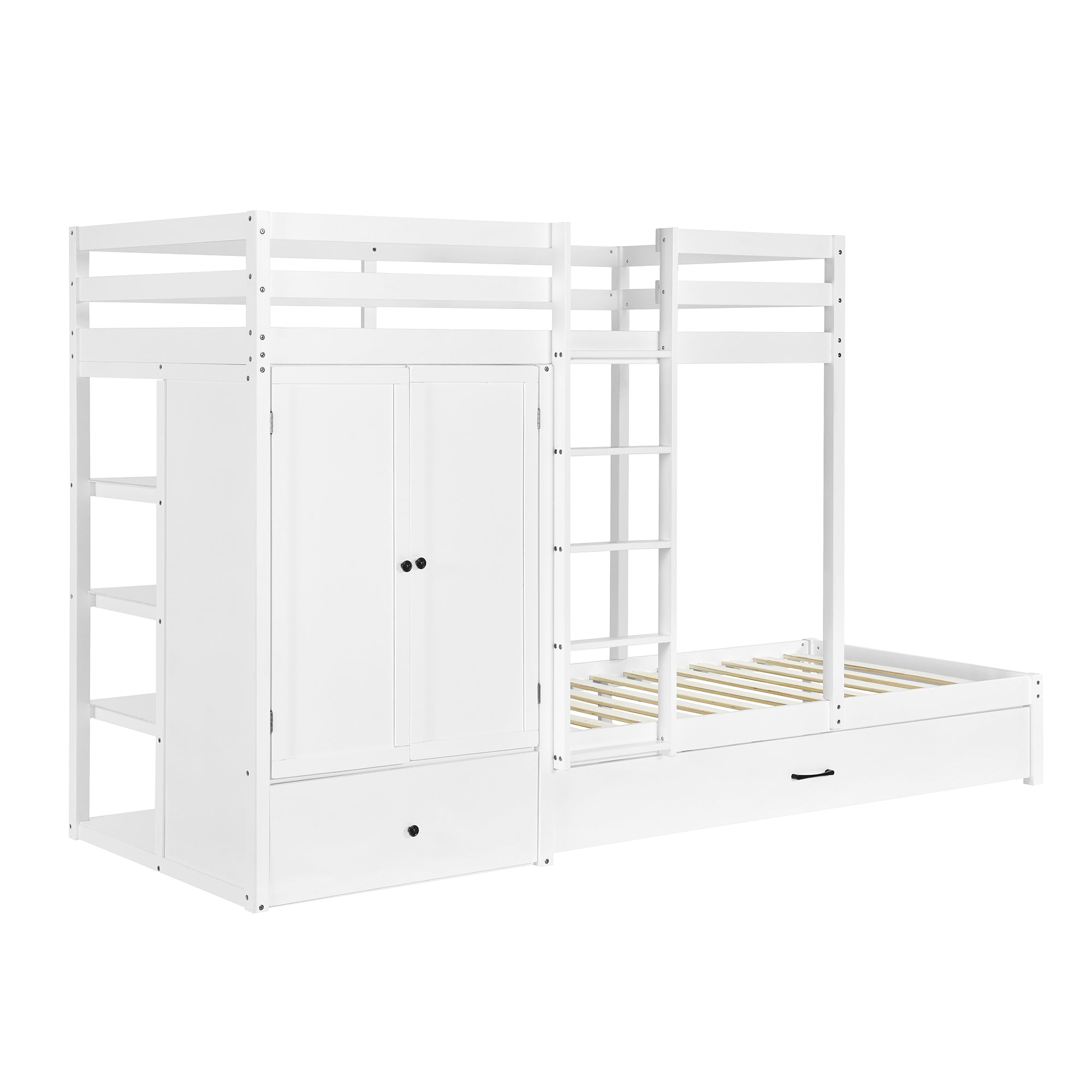 Twin-over-twin Bunk Bed with Wardrobe, Drawers and Shelves, White