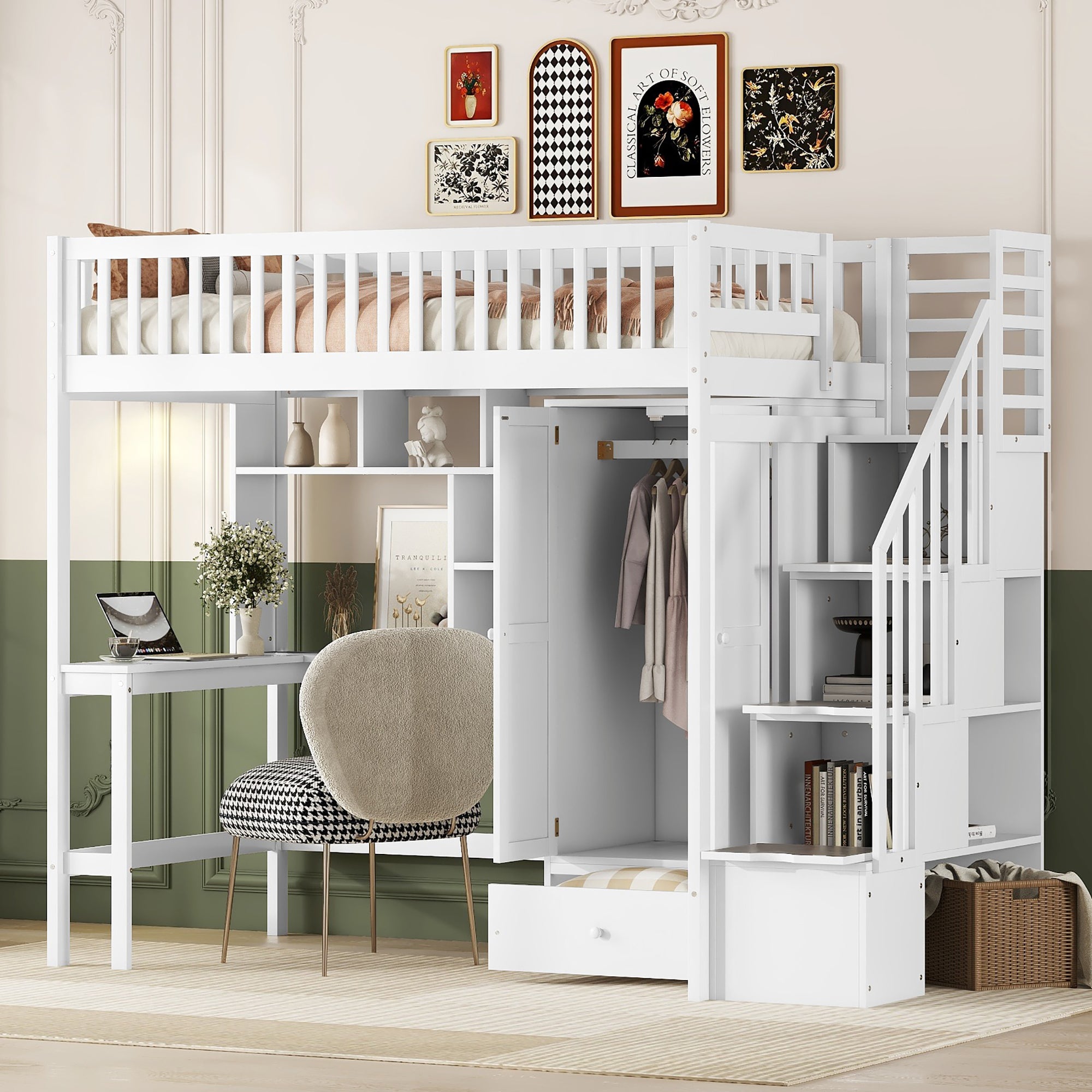 Twin size Loft Bed with Bookshelf,Drawers,Desk,and Wardrobe-White