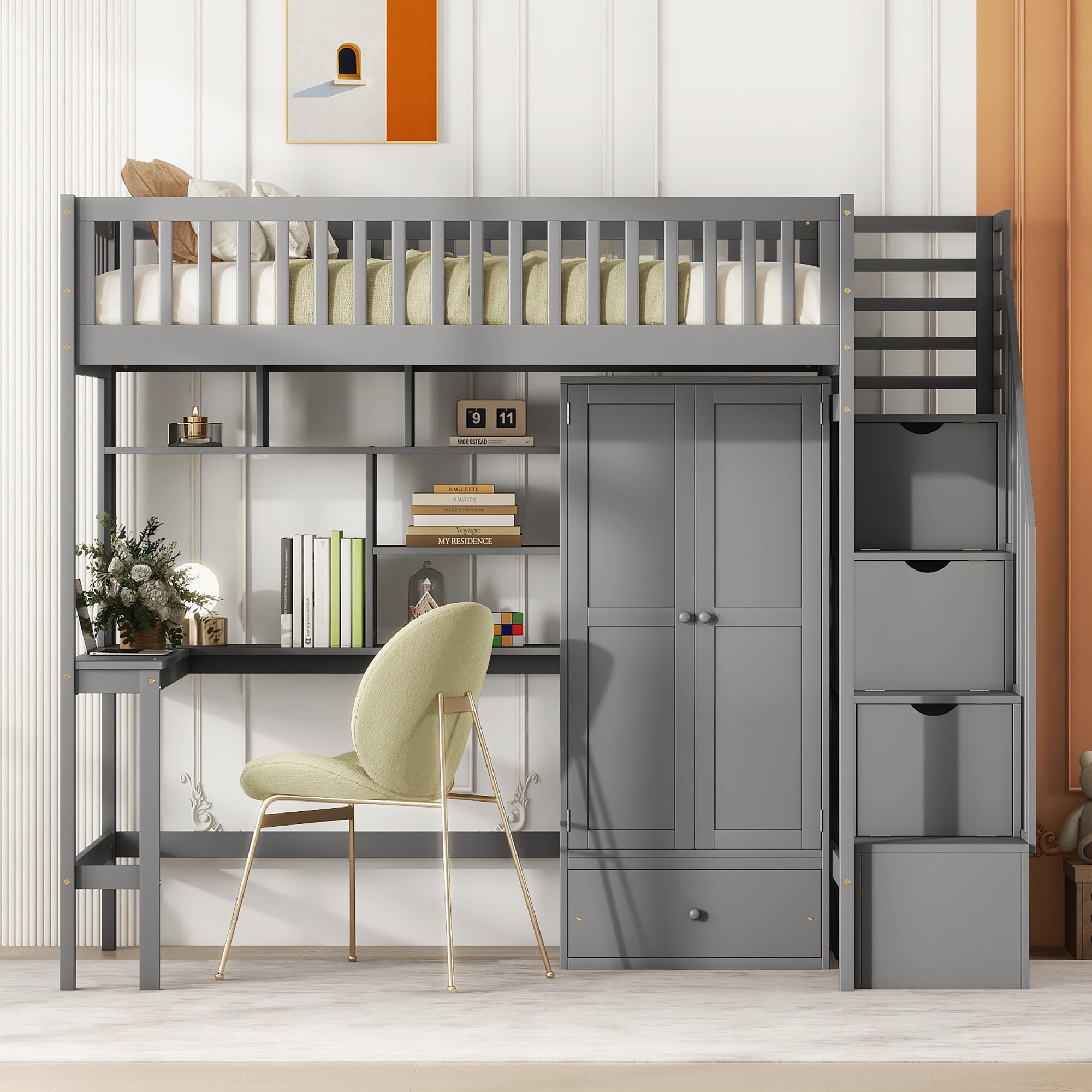 Twin size Loft Bed with Bookshelf,Drawers,Desk,and Wardrobe-Gray