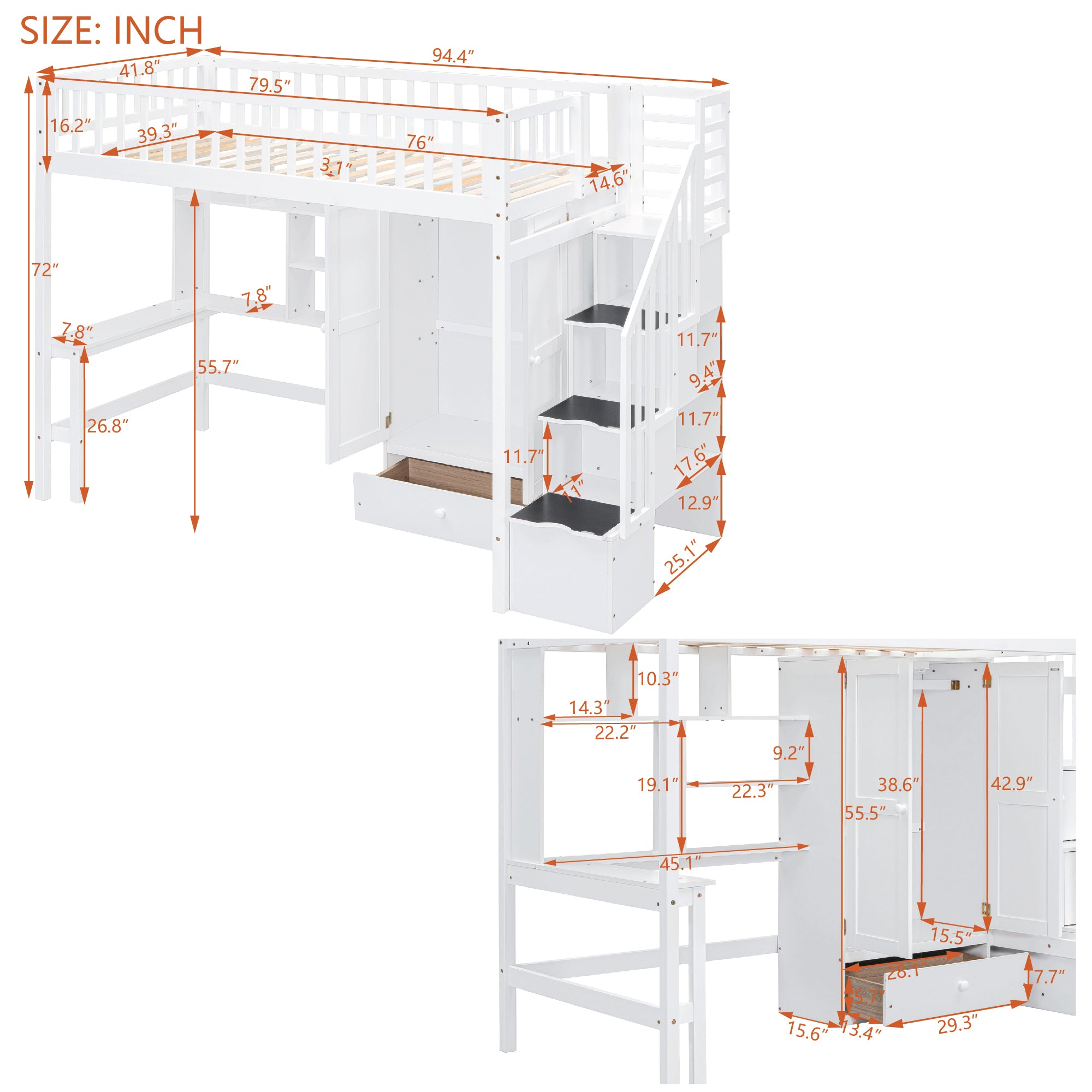 Twin size Loft Bed with Bookshelf,Drawers,Desk,and Wardrobe-White