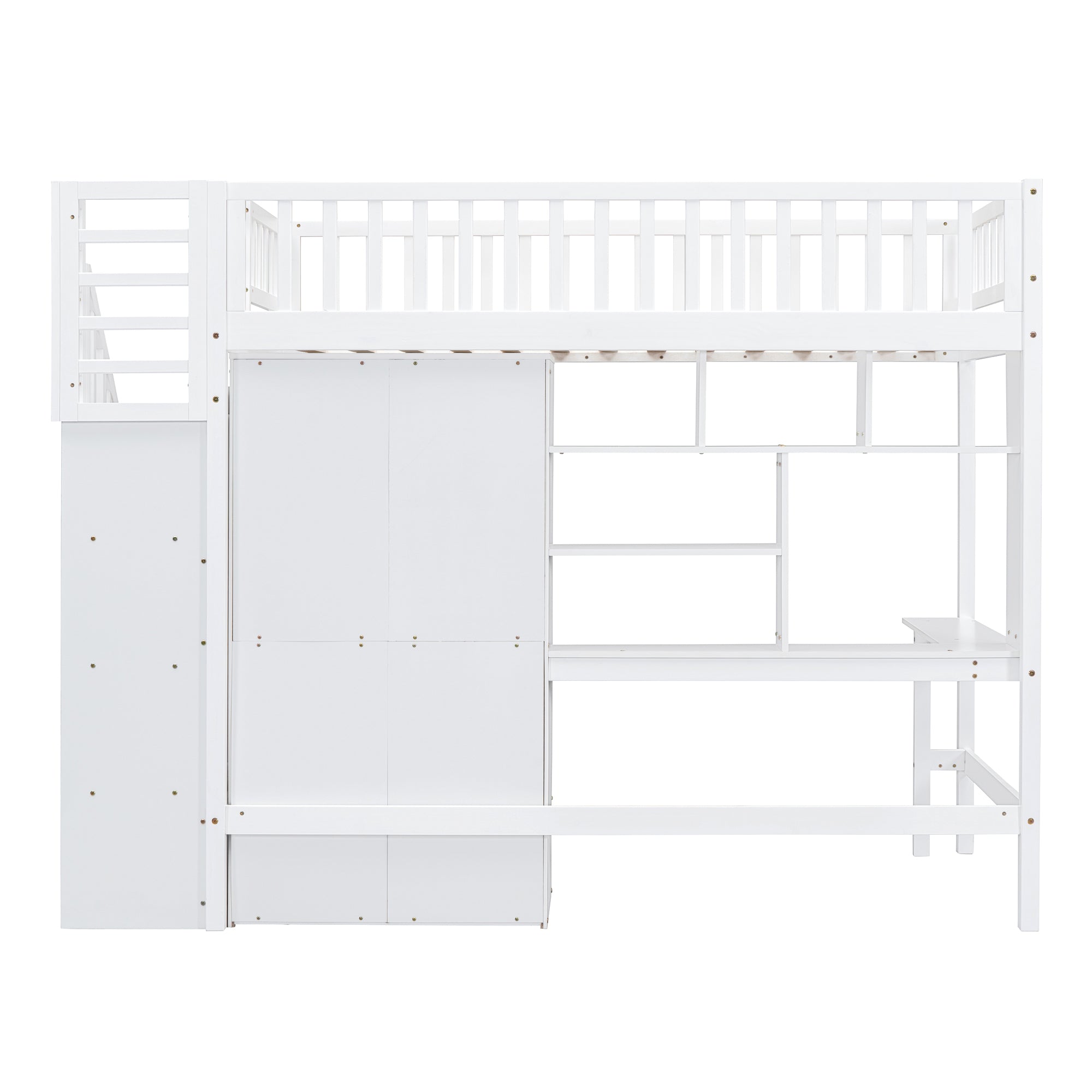 Twin size Loft Bed with Bookshelf,Drawers,Desk,and Wardrobe-White