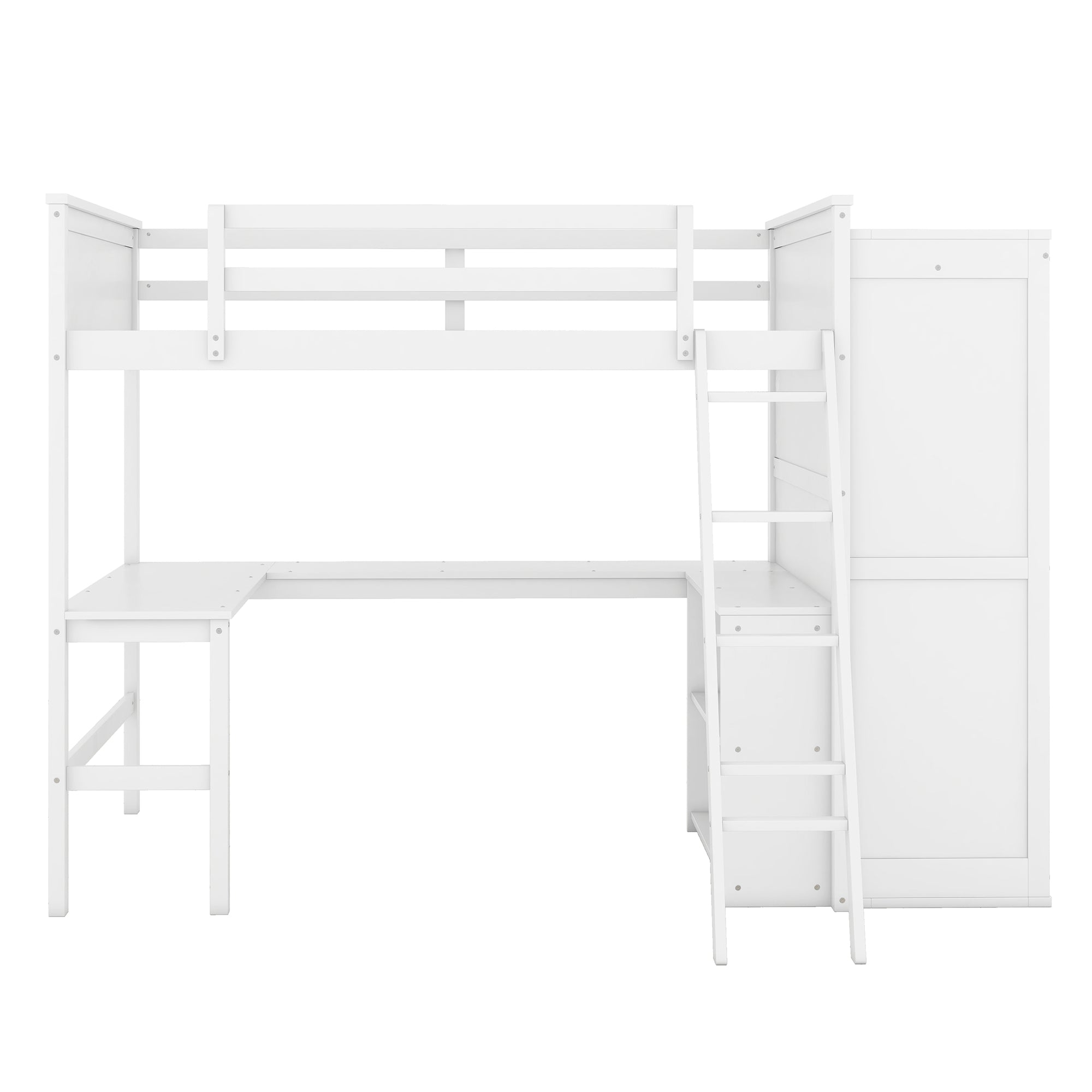 Full size Loft Bed with Desk, Shelves and Wardrobe-White