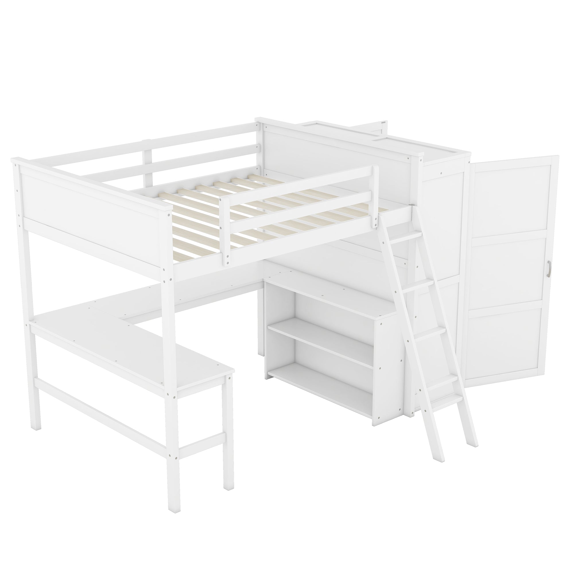 Full size Loft Bed with Desk, Shelves and Wardrobe-White