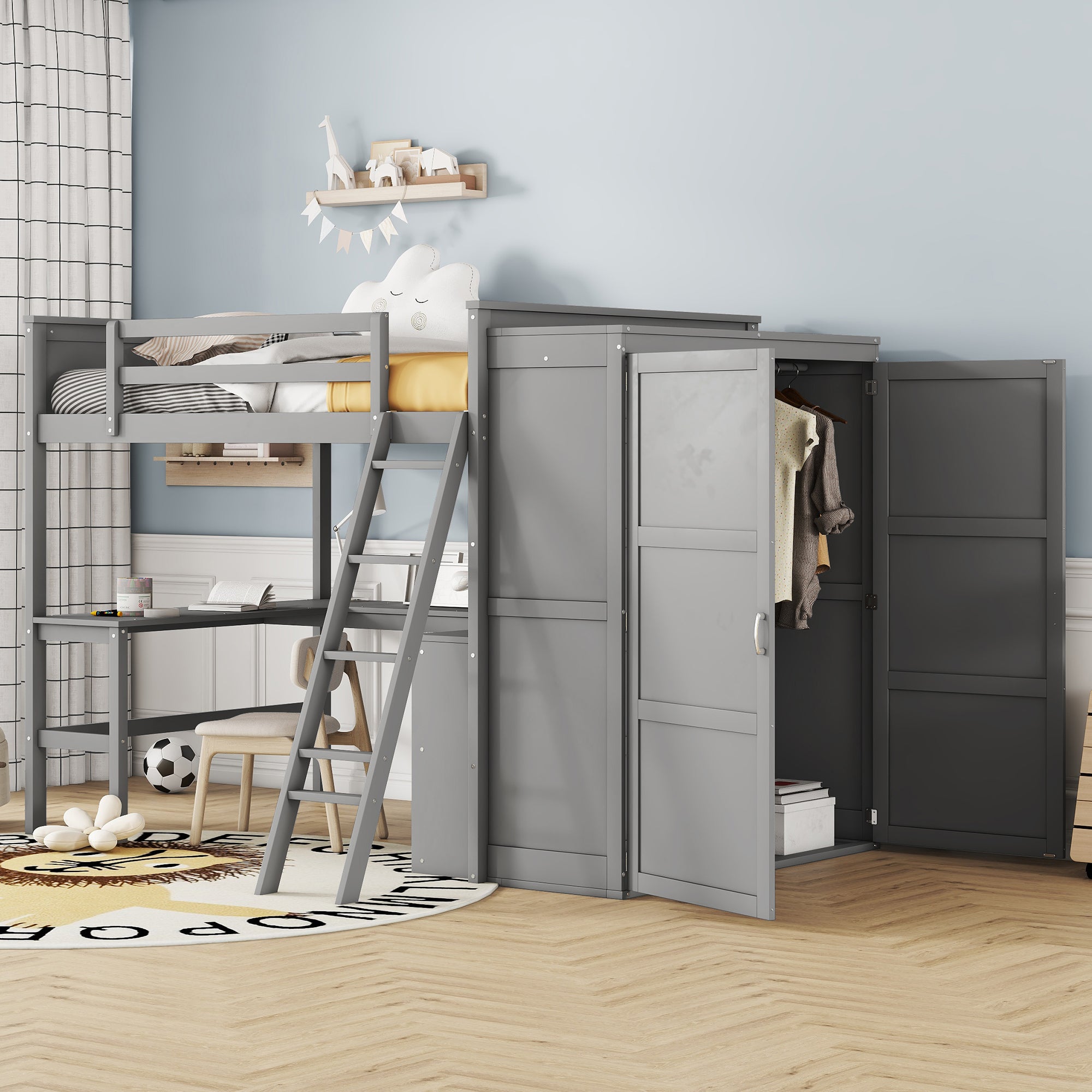 Full size Loft Bed with Desk, Shelves and Wardrobe-Gray