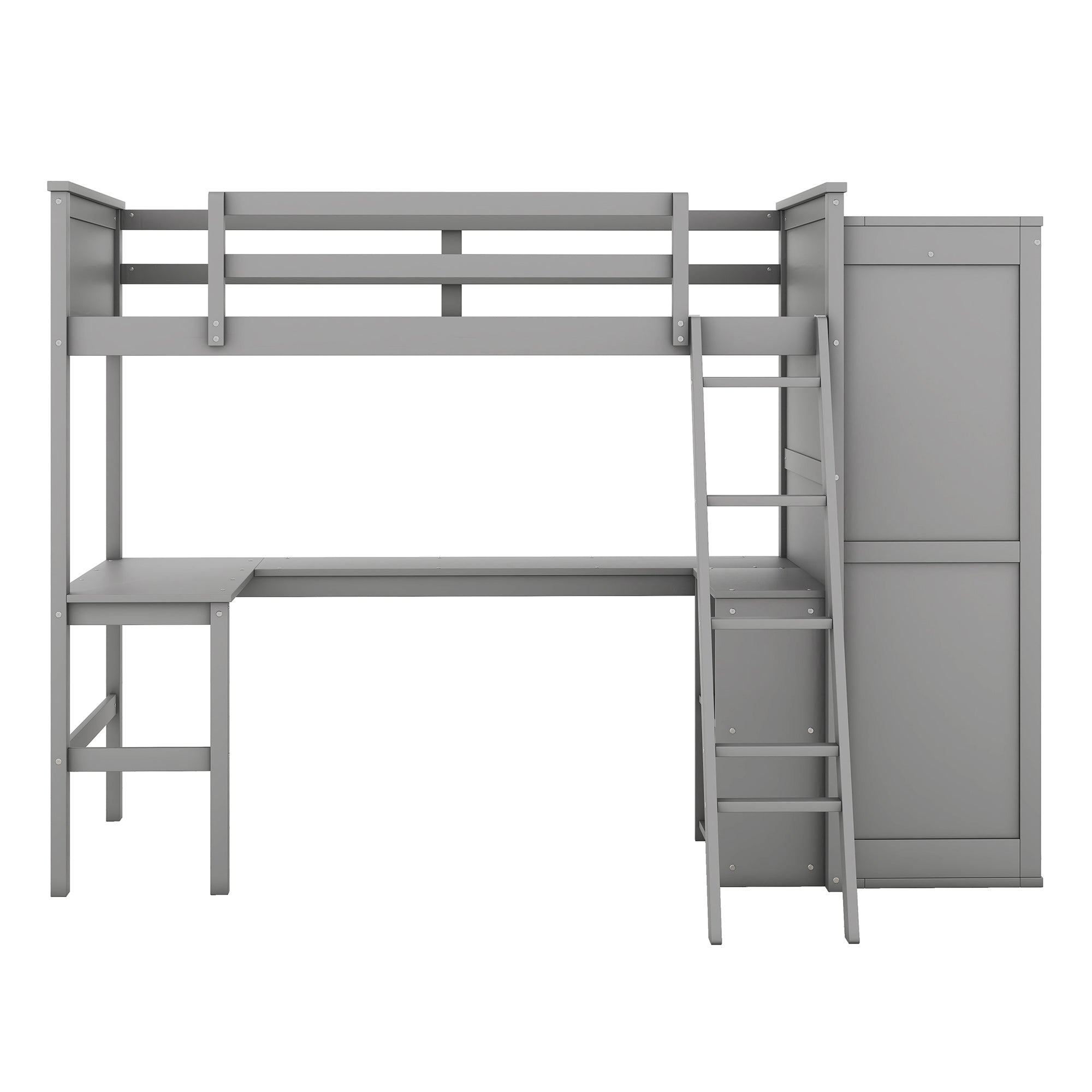 Twin size Loft Bed with Desk, Shelves and Wardrobe-Gray