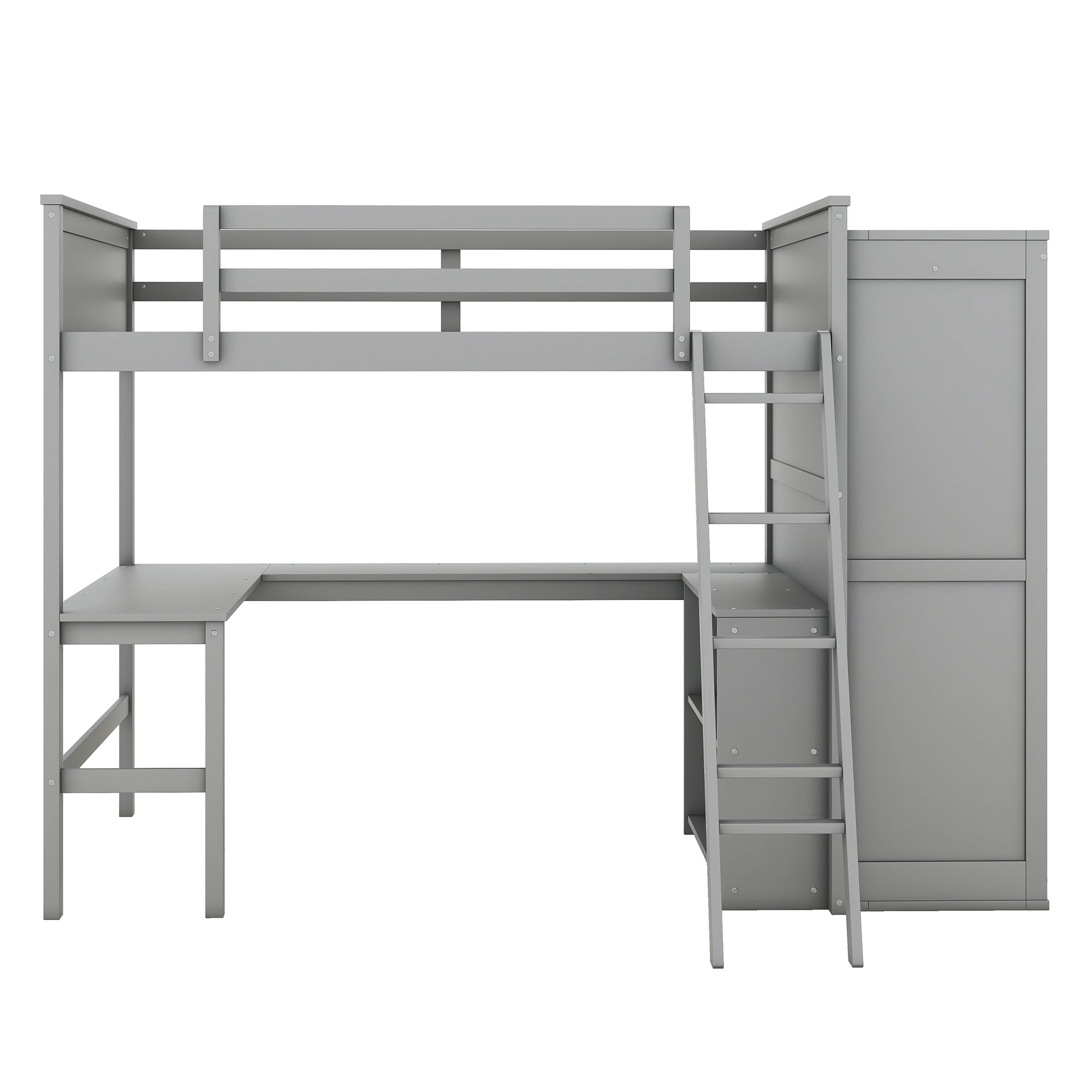 Full size Loft Bed with Desk, Shelves and Wardrobe-Gray