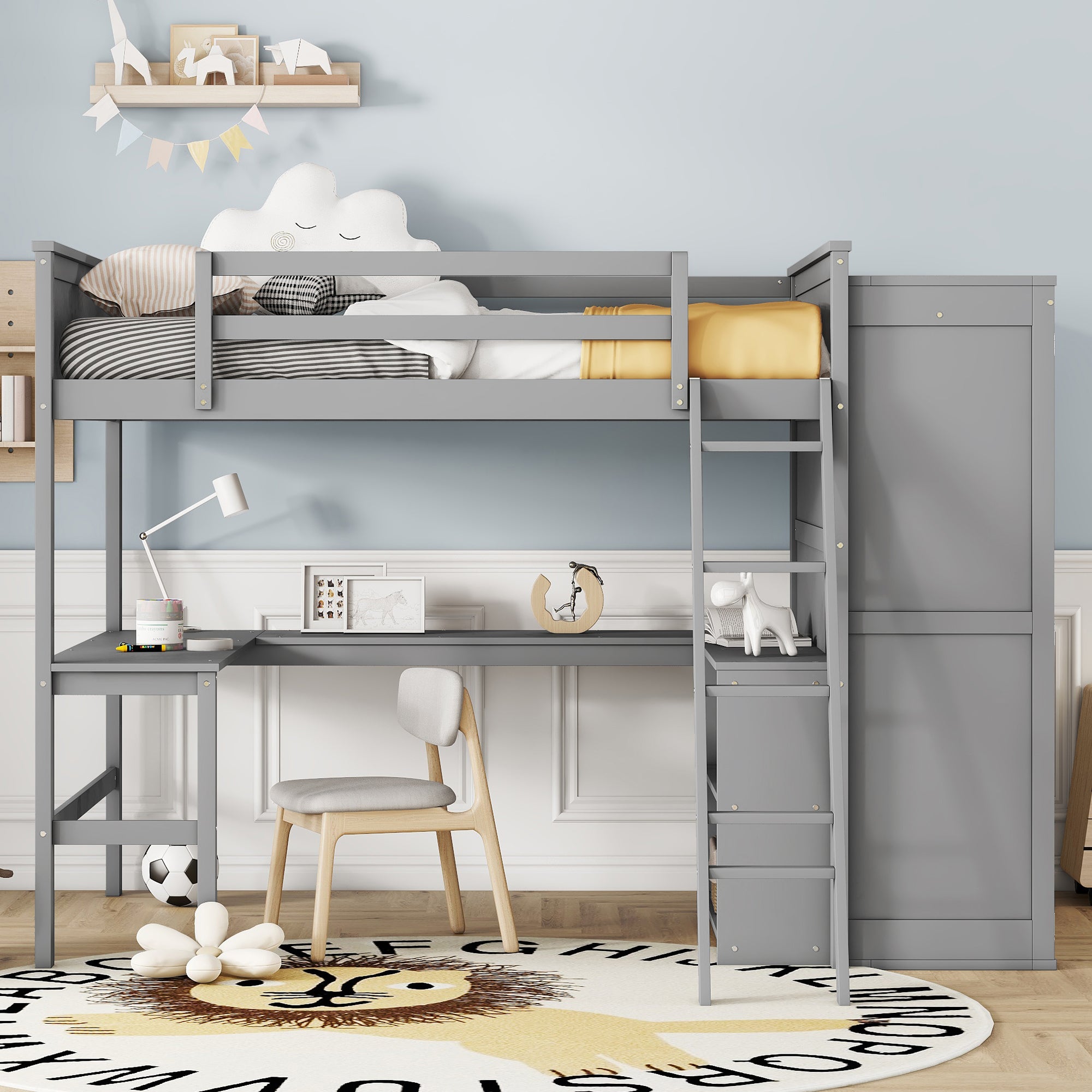 Full size Loft Bed with Desk, Shelves and Wardrobe-Gray