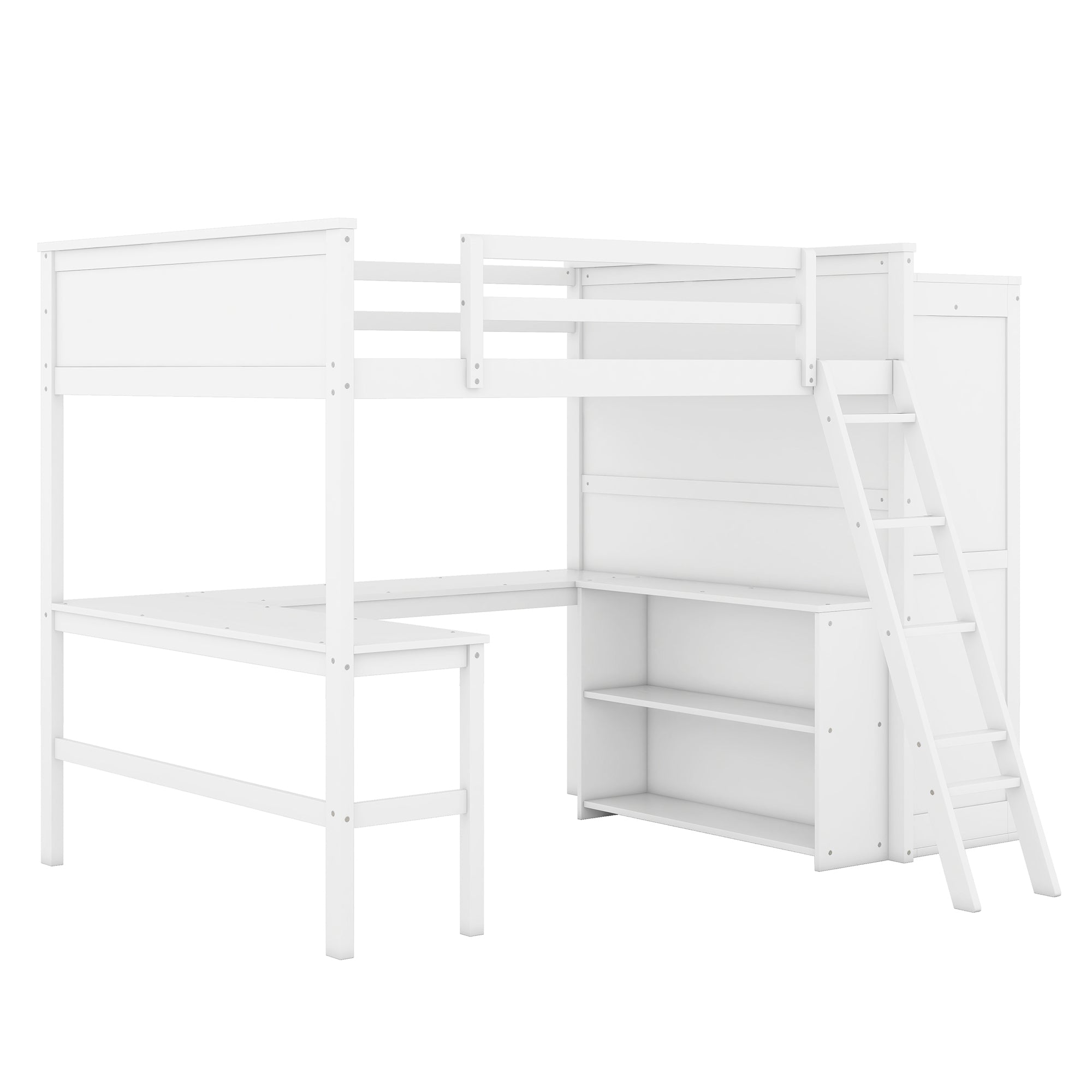 Full size Loft Bed with Desk, Shelves and Wardrobe-White