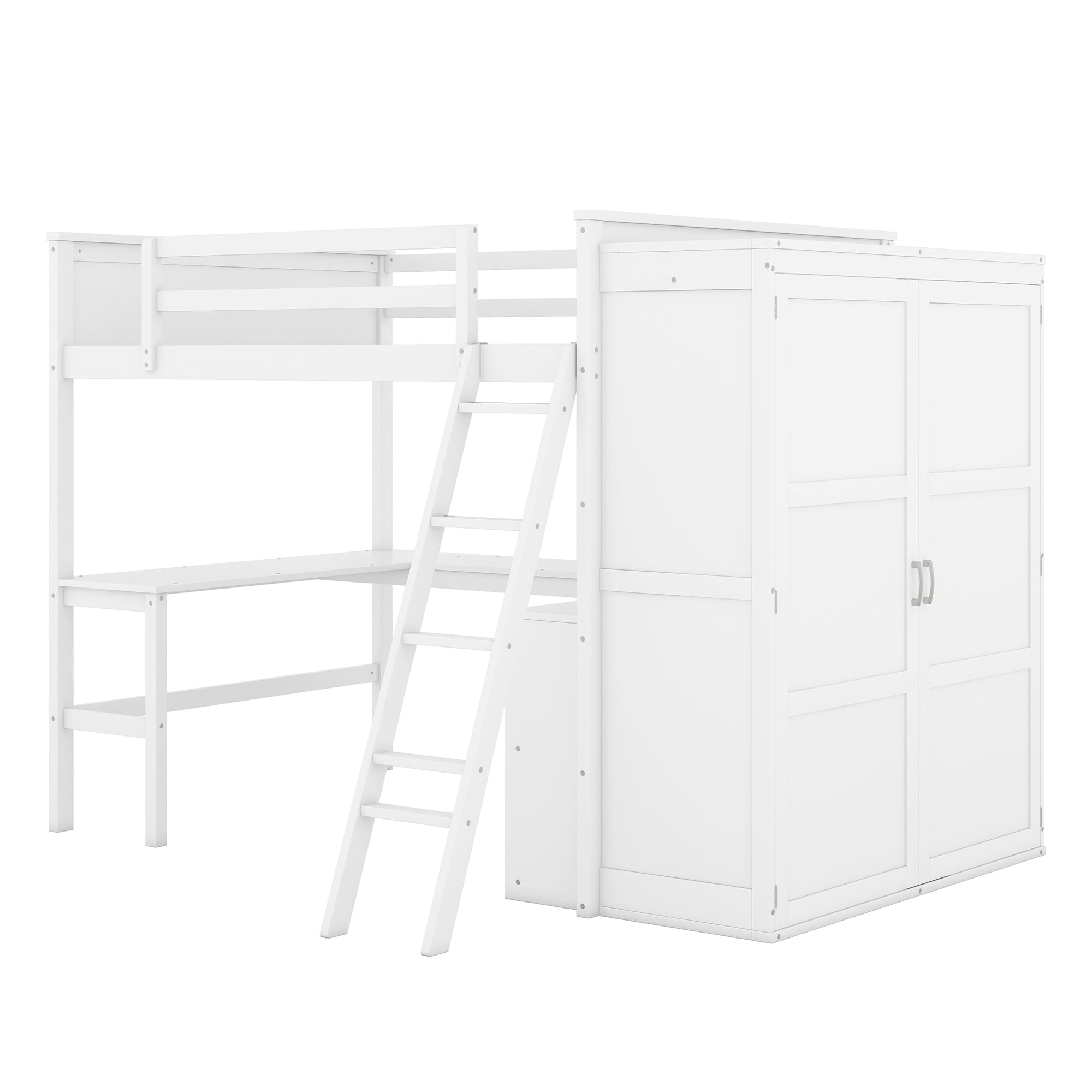 Full size Loft Bed with Desk, Shelves and Wardrobe-White