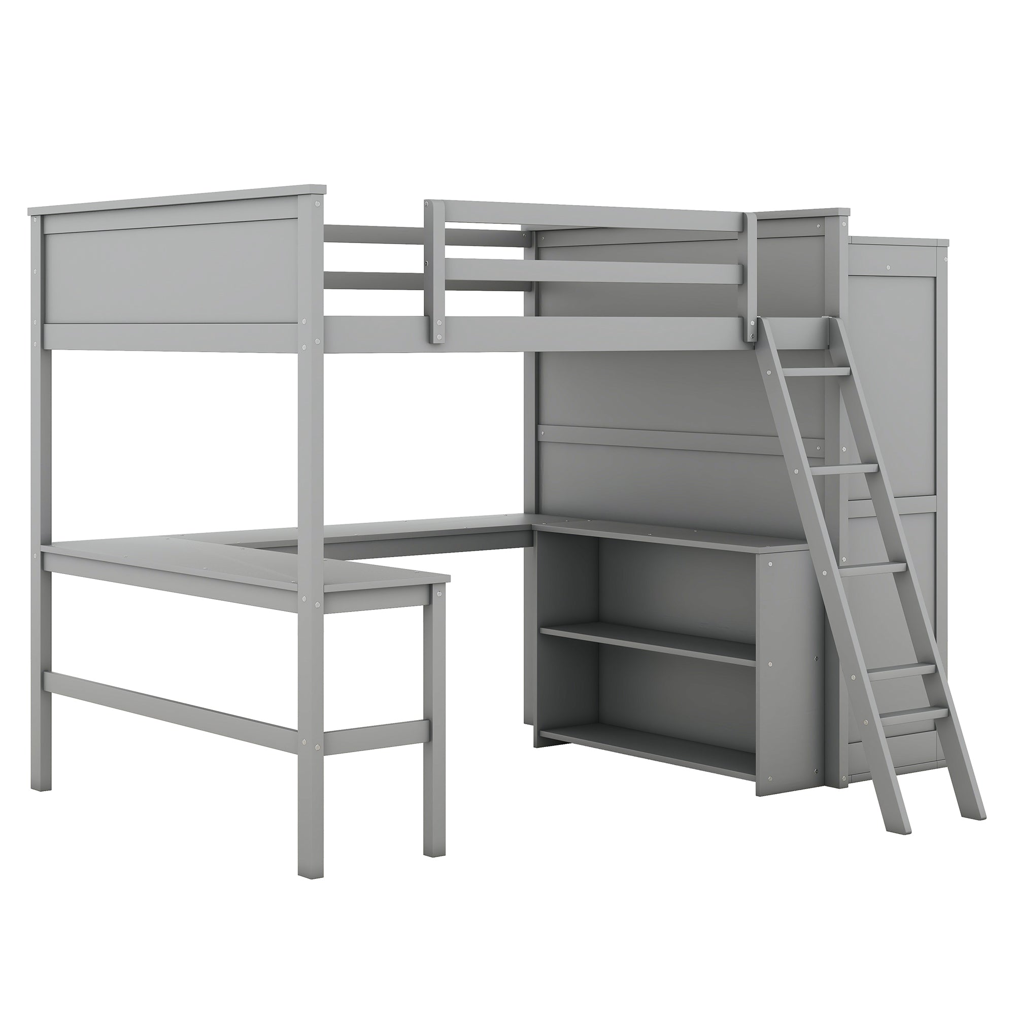 Full size Loft Bed with Desk, Shelves and Wardrobe-Gray