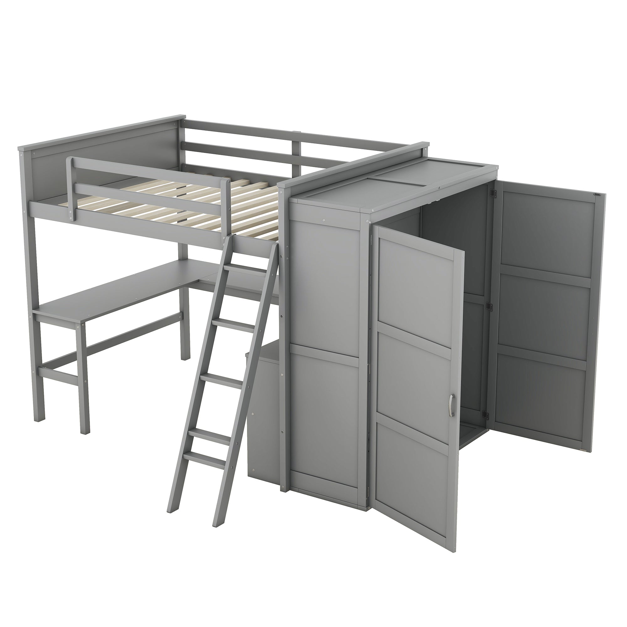 Full size Loft Bed with Desk, Shelves and Wardrobe-Gray