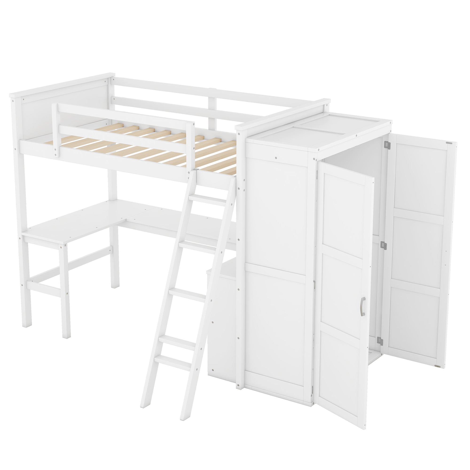 Twin size Loft Bed with Desk, Shelves and Wardrobe-White