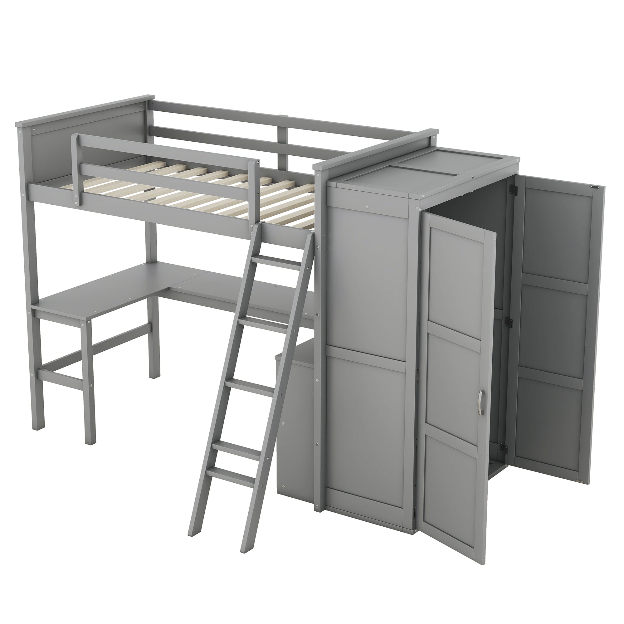 Twin size Loft Bed with Desk, Shelves and Wardrobe-Gray