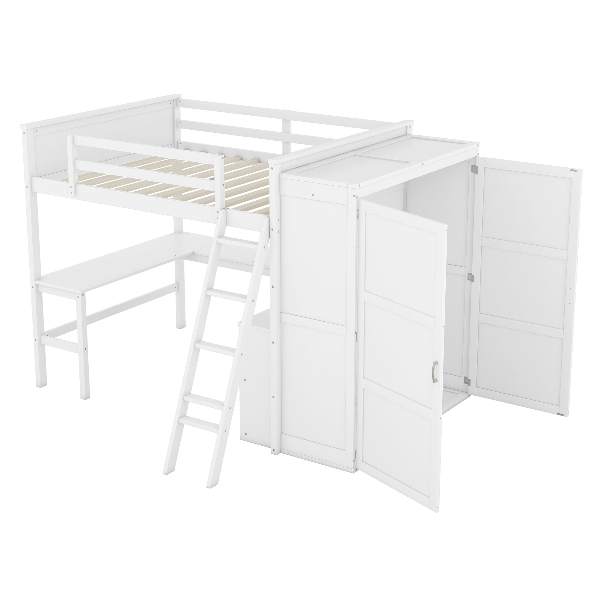 Full size Loft Bed with Desk, Shelves and Wardrobe-White