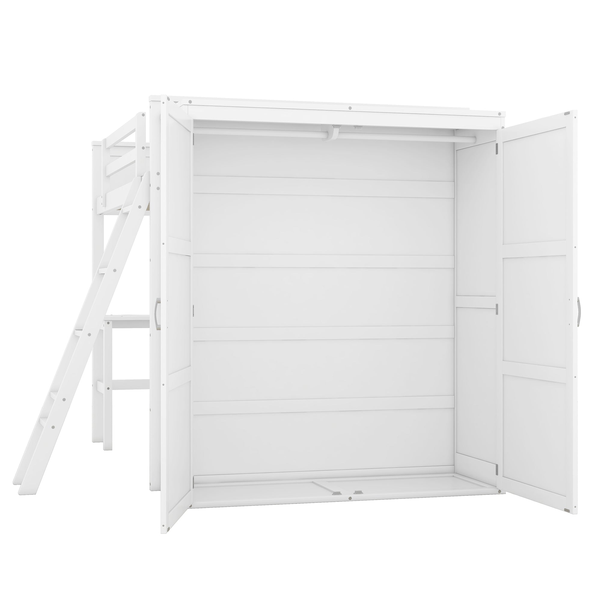 Full size Loft Bed with Desk, Shelves and Wardrobe-White