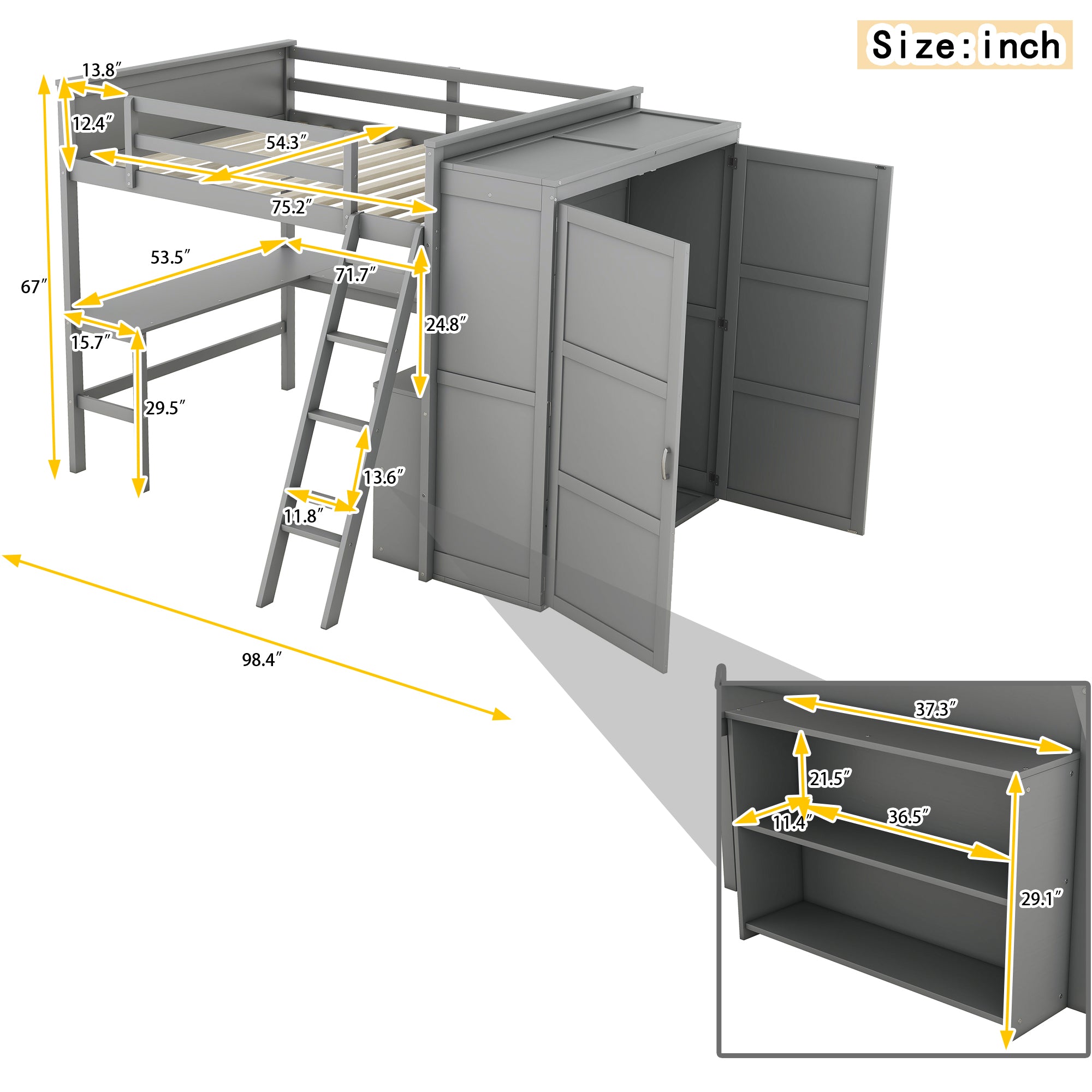 Full size Loft Bed with Desk, Shelves and Wardrobe-Gray