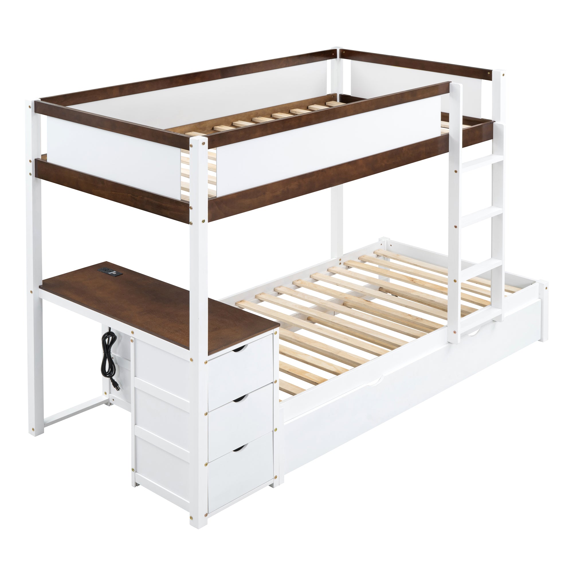 Twin-Over-Twin Bunk Bed with Twin size Trundle, Storage and Desk, White+Walnut