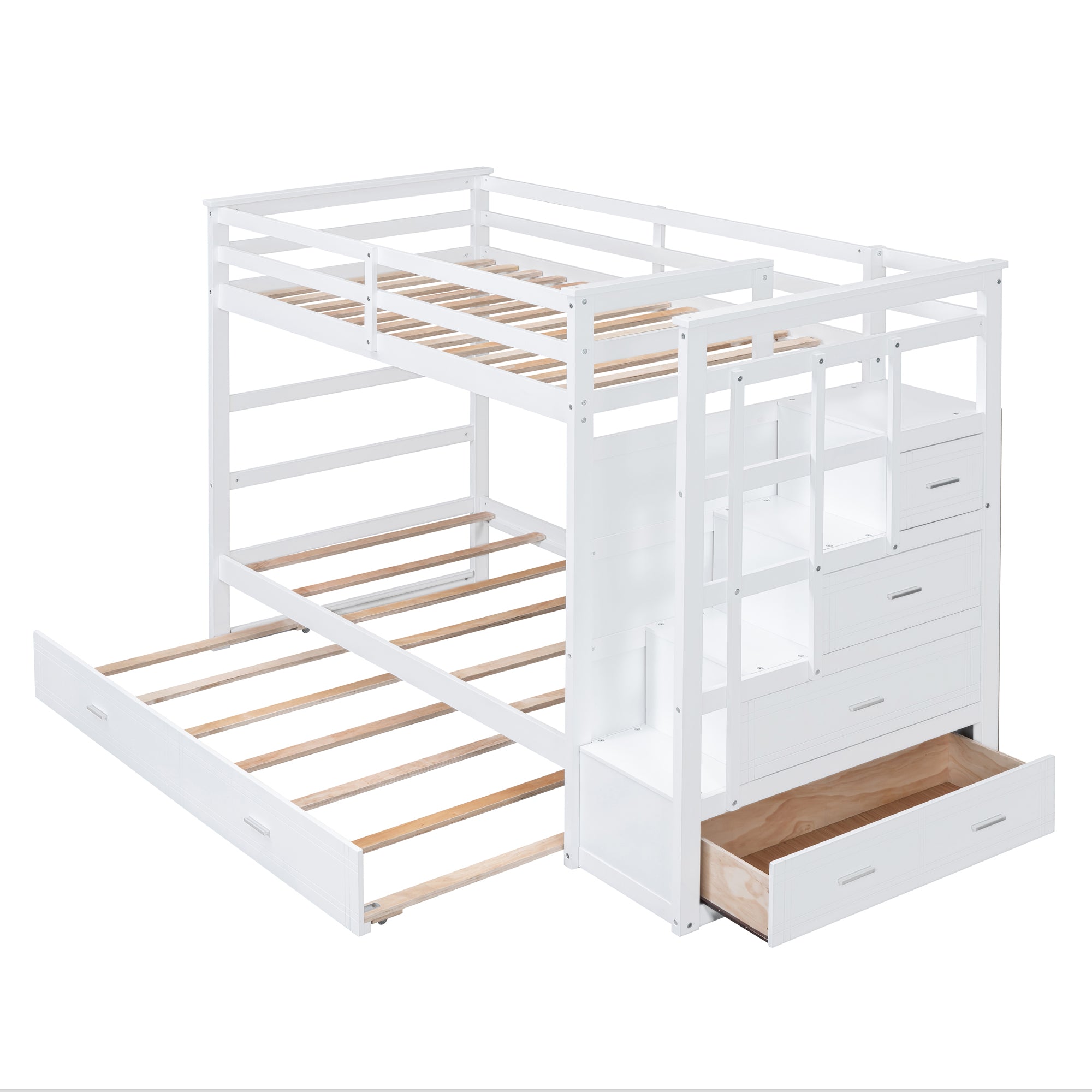 Twin Over Twin Bunk Bed with Trundle and Staircase,White