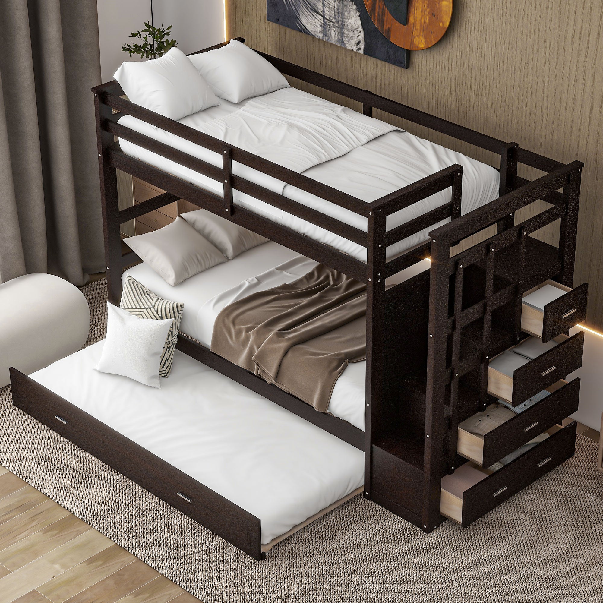 Twin Over Twin Bunk Bed with Trundle and Staircase,Espresso