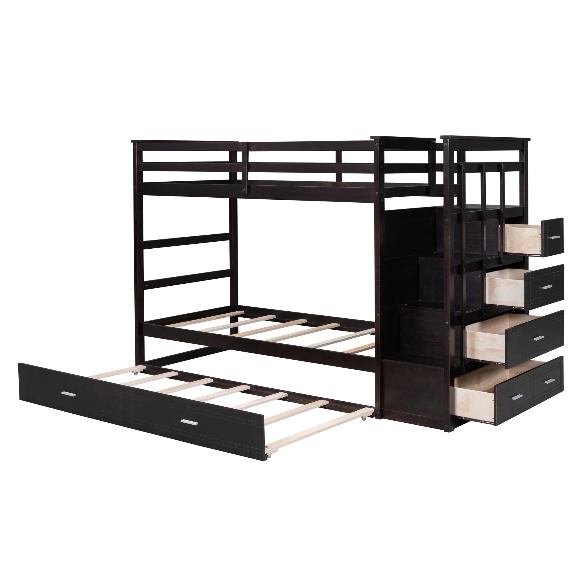 Twin Over Twin Bunk Bed with Trundle and Staircase,Espresso