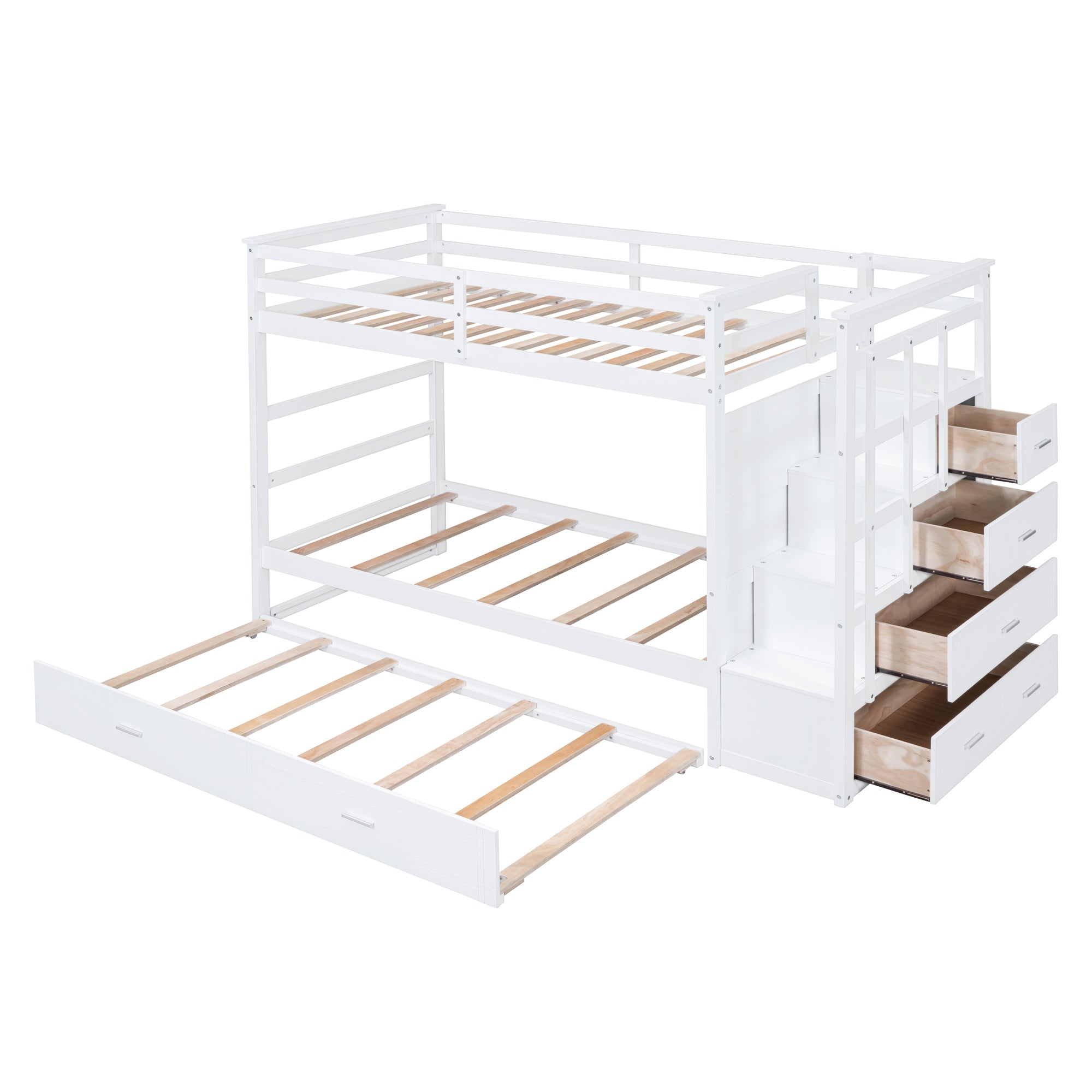 Twin Over Twin Bunk Bed with Trundle and Staircase,White